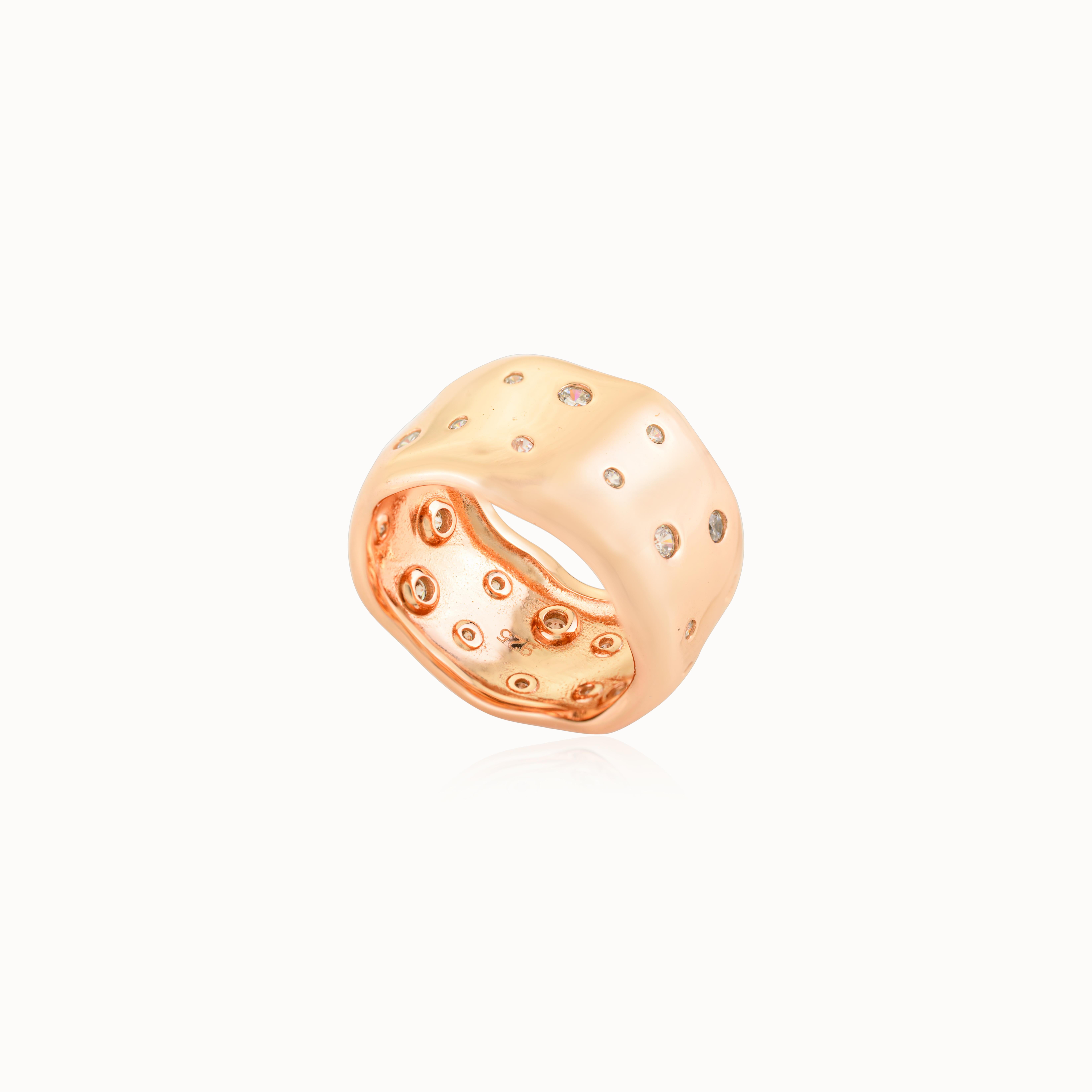 For Sale:  Molten Wave Rose Gold Dome Ring in 925 Sterling Silver with Scattered CZ Stone 9
