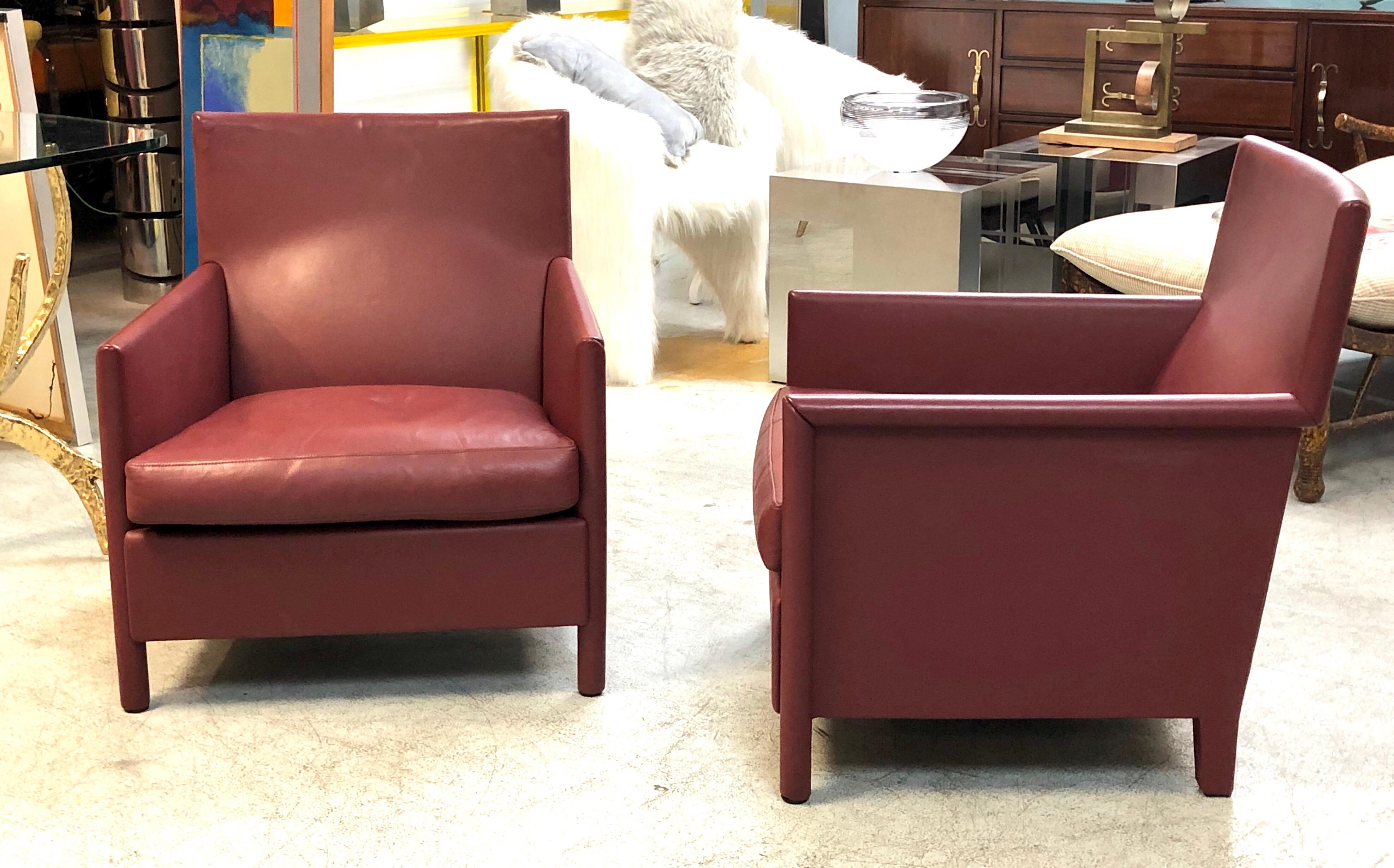 Molteni & C Red Leather Pair of Lounge Chairs 6