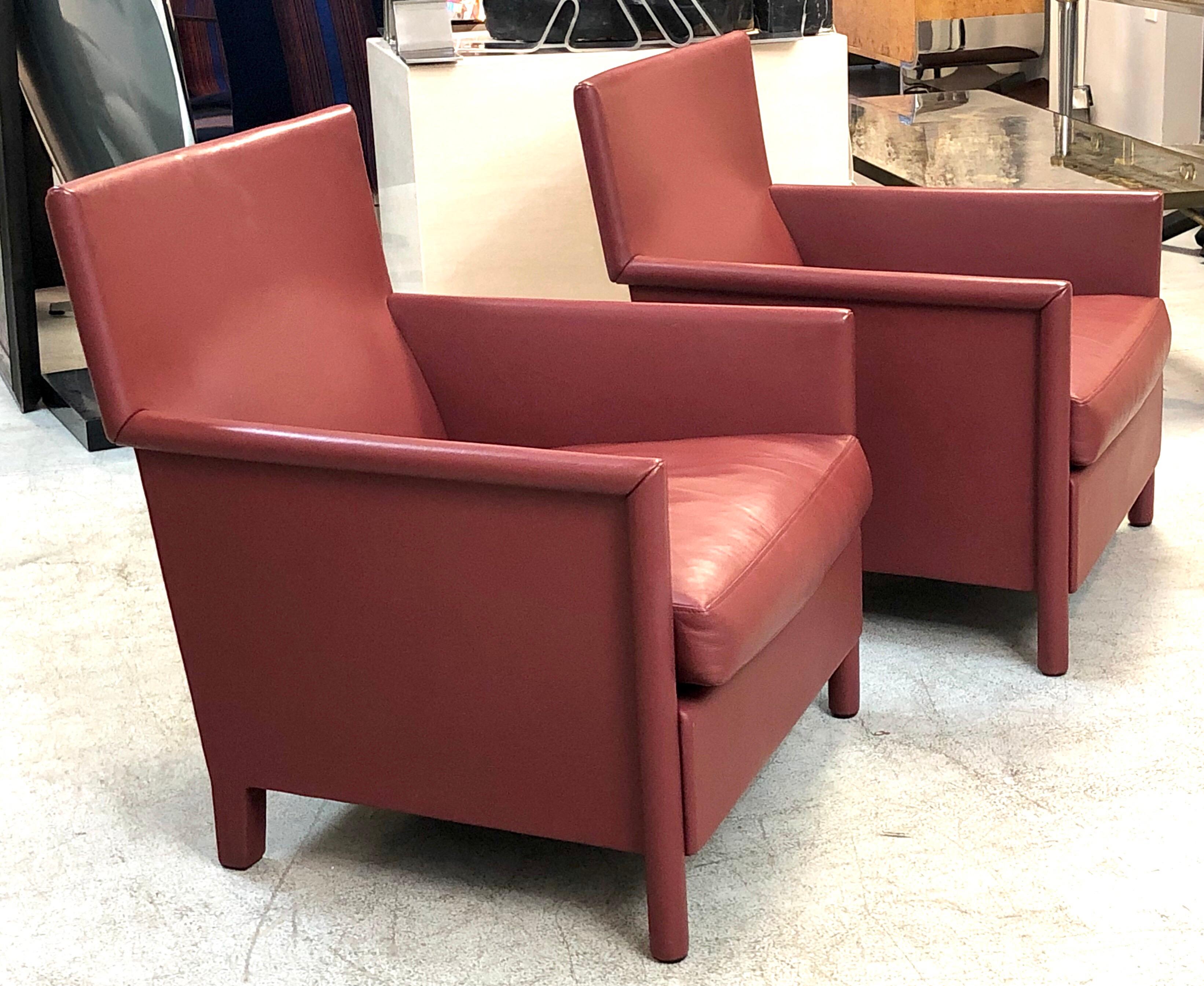 Italian Molteni & C Red Leather Pair of Lounge Chairs