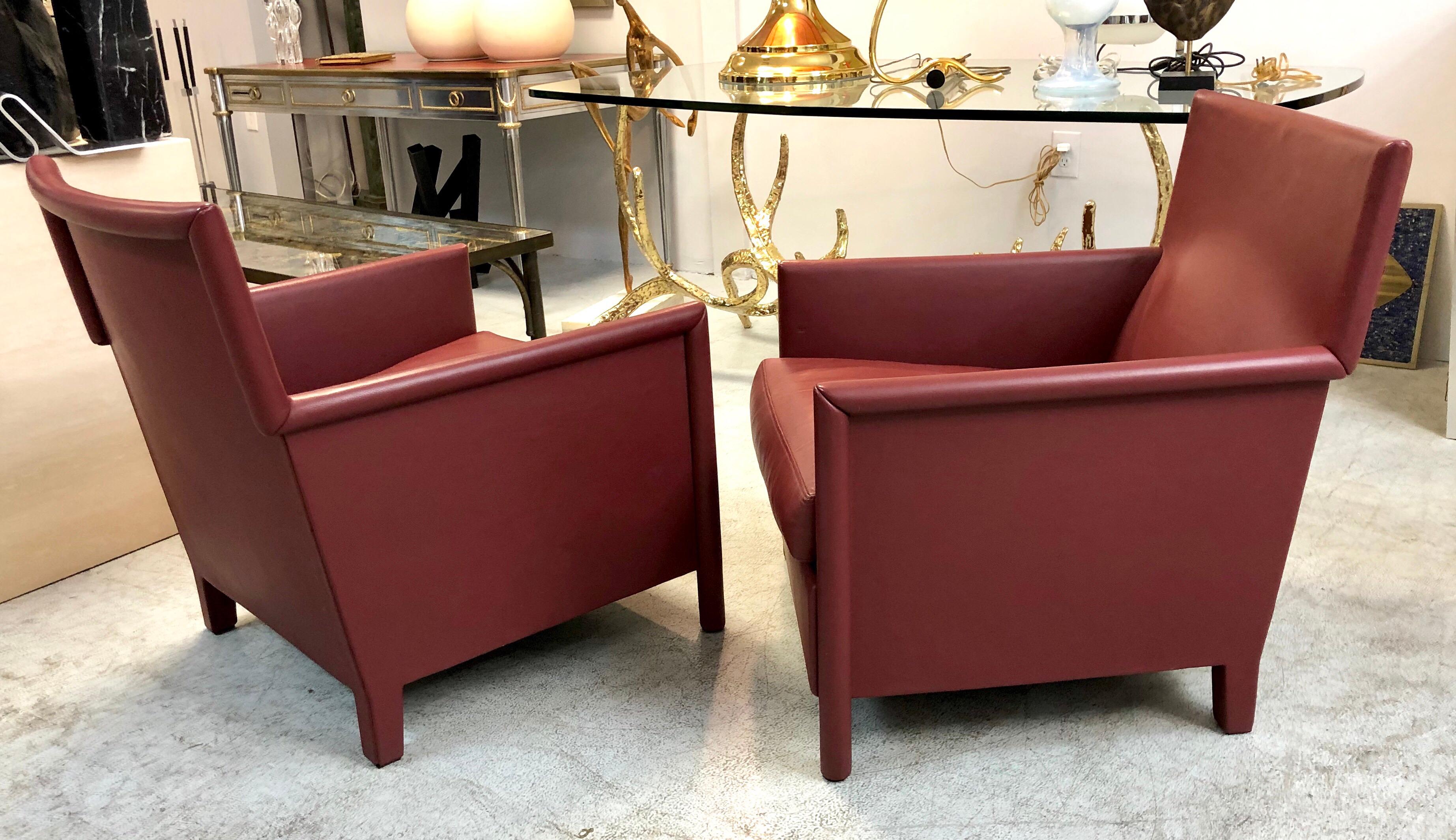 Molteni & C Red Leather Pair of Lounge Chairs 3