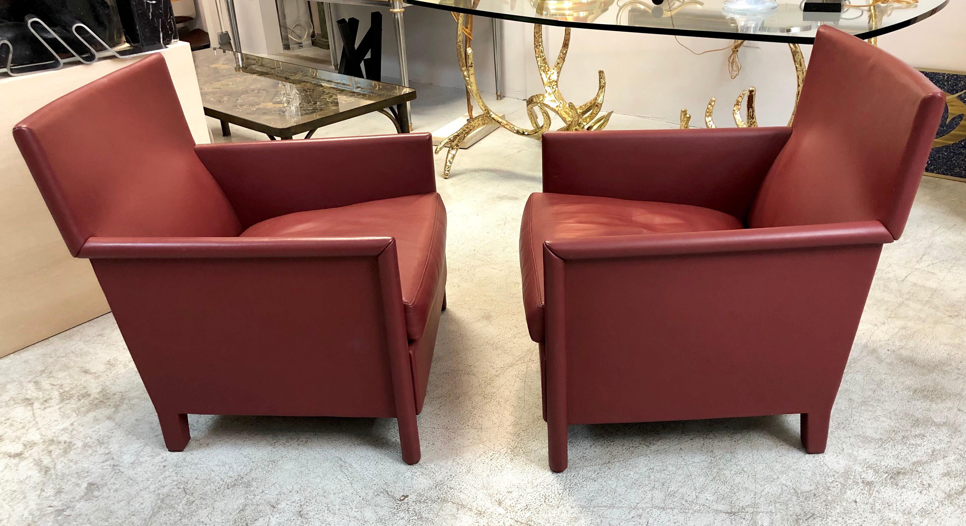 Molteni & C Red Leather Pair of Lounge Chairs 4