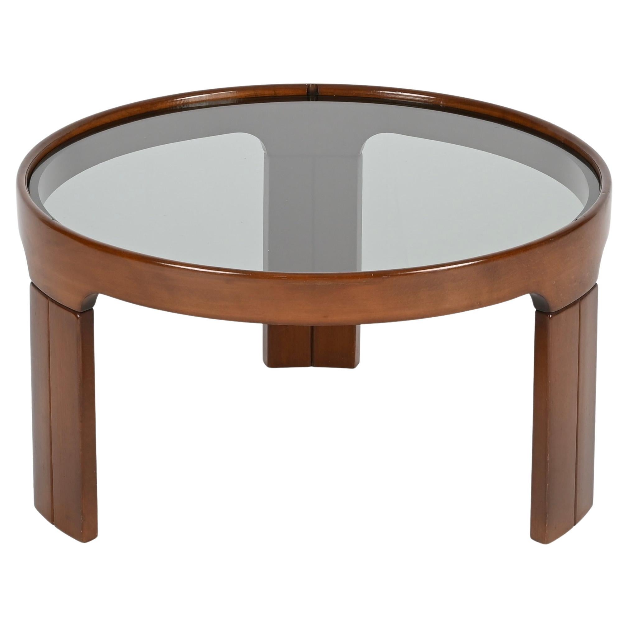 Molteni Italian Round Coffee Table in Walnut with Smoked Glass, 1960s en vente