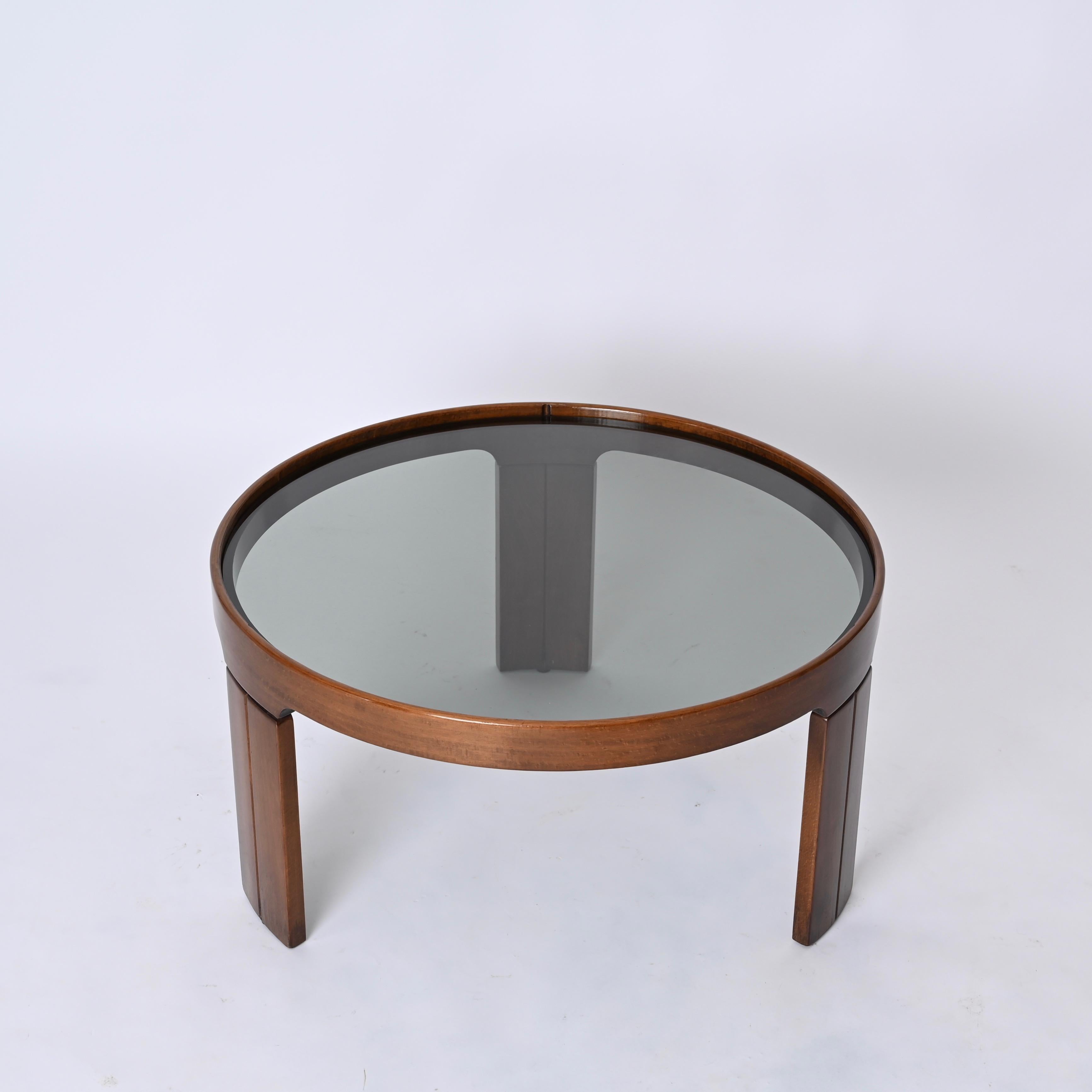 Molteni Walnut Round Coffee or Side Table With Smoked Glass, Italy 1960s 3