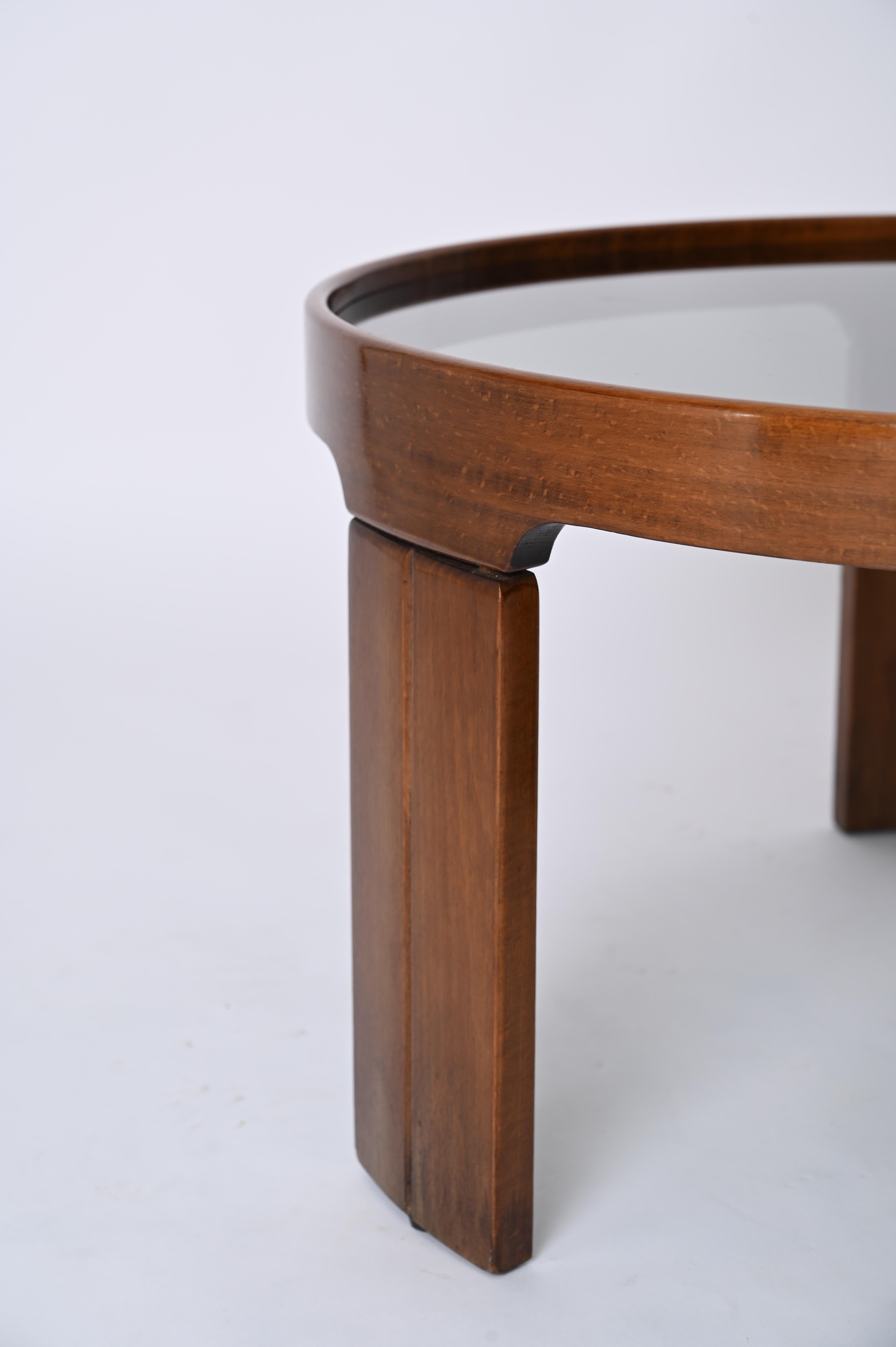 Molteni Walnut Round Coffee or Side Table With Smoked Glass, Italy 1960s 5