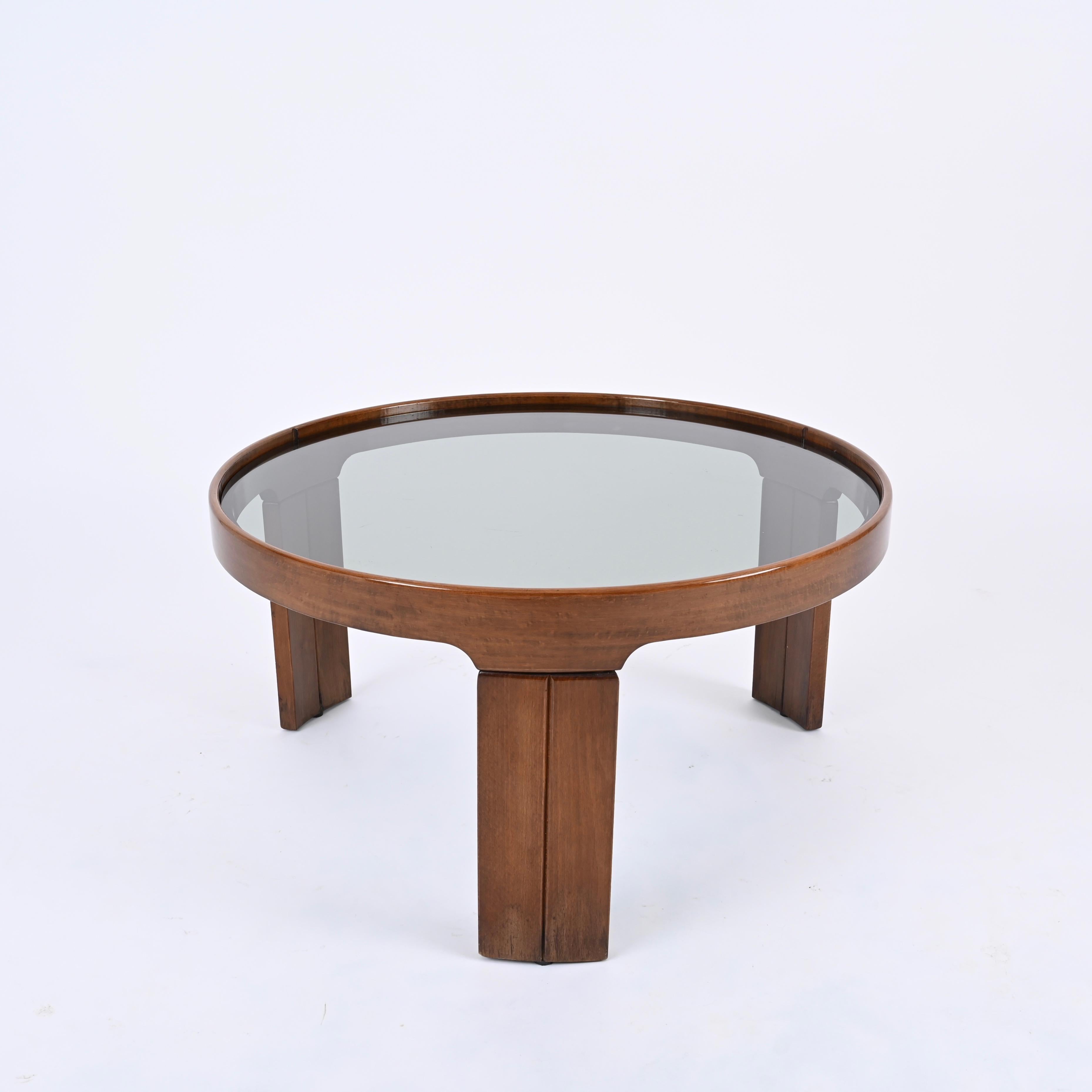 Molteni Walnut Round Coffee or Side Table With Smoked Glass, Italy 1960s 6
