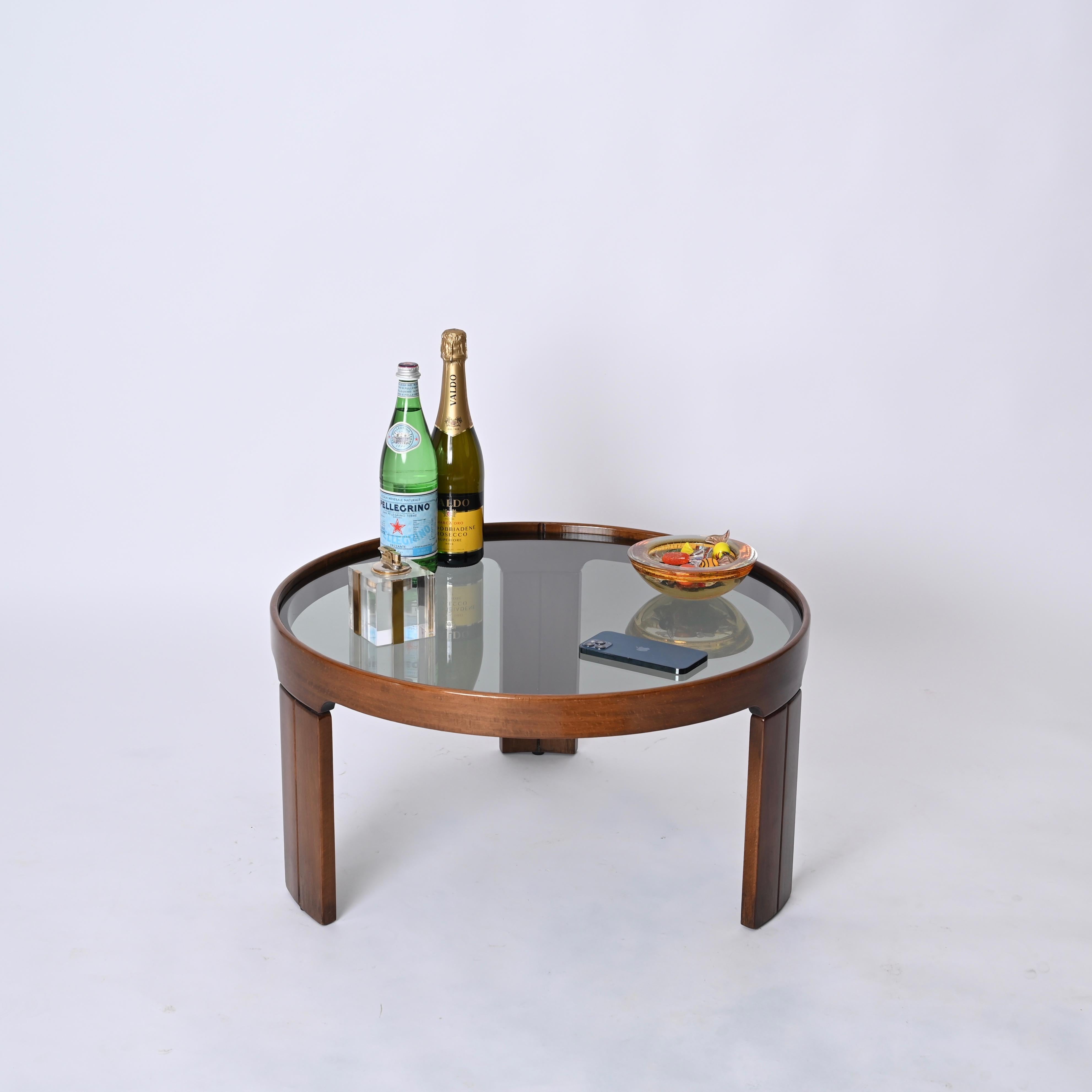 Molteni Walnut Round Coffee or Side Table With Smoked Glass, Italy 1960s 7