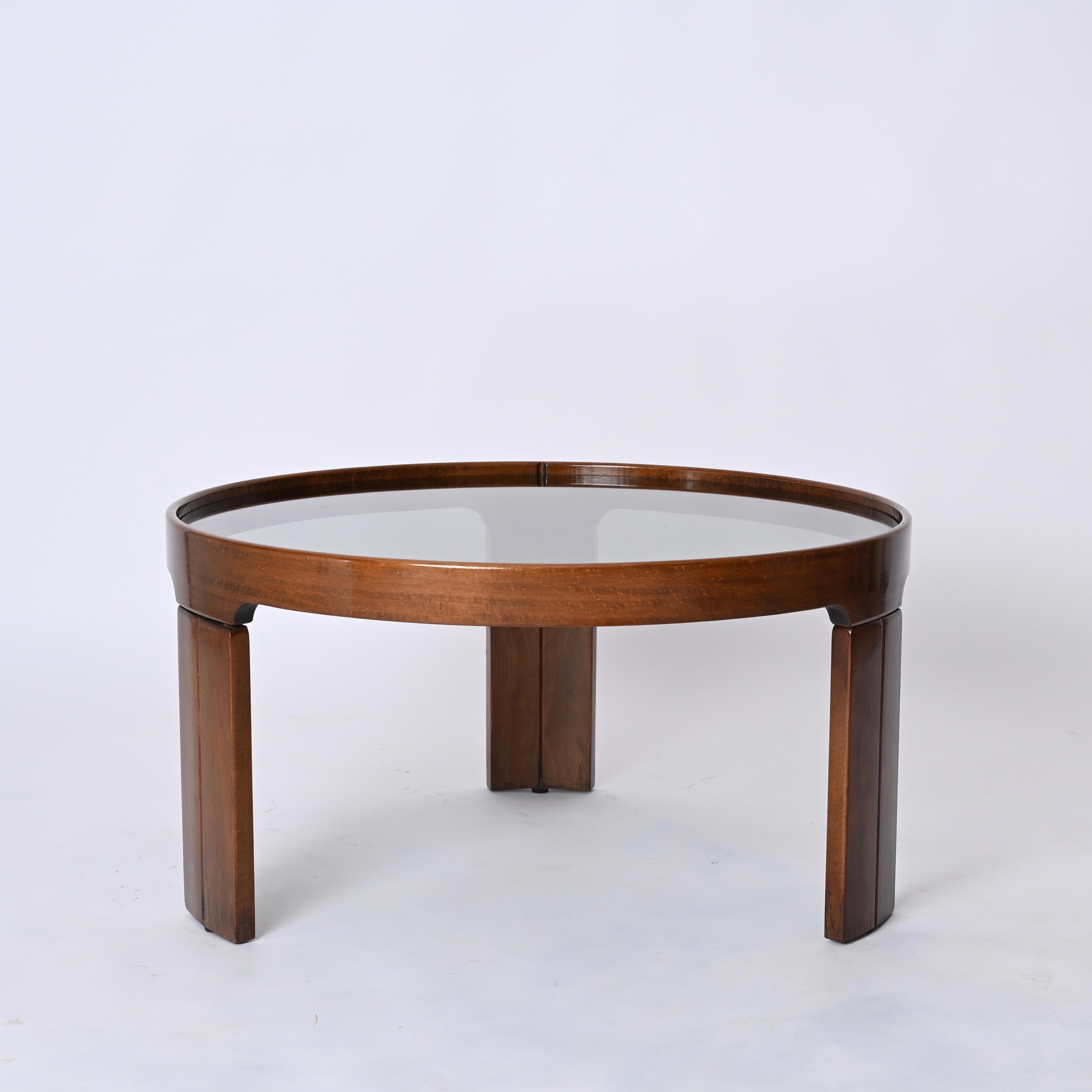 Mid-Century Modern Molteni Walnut Round Coffee or Side Table With Smoked Glass, Italy 1960s