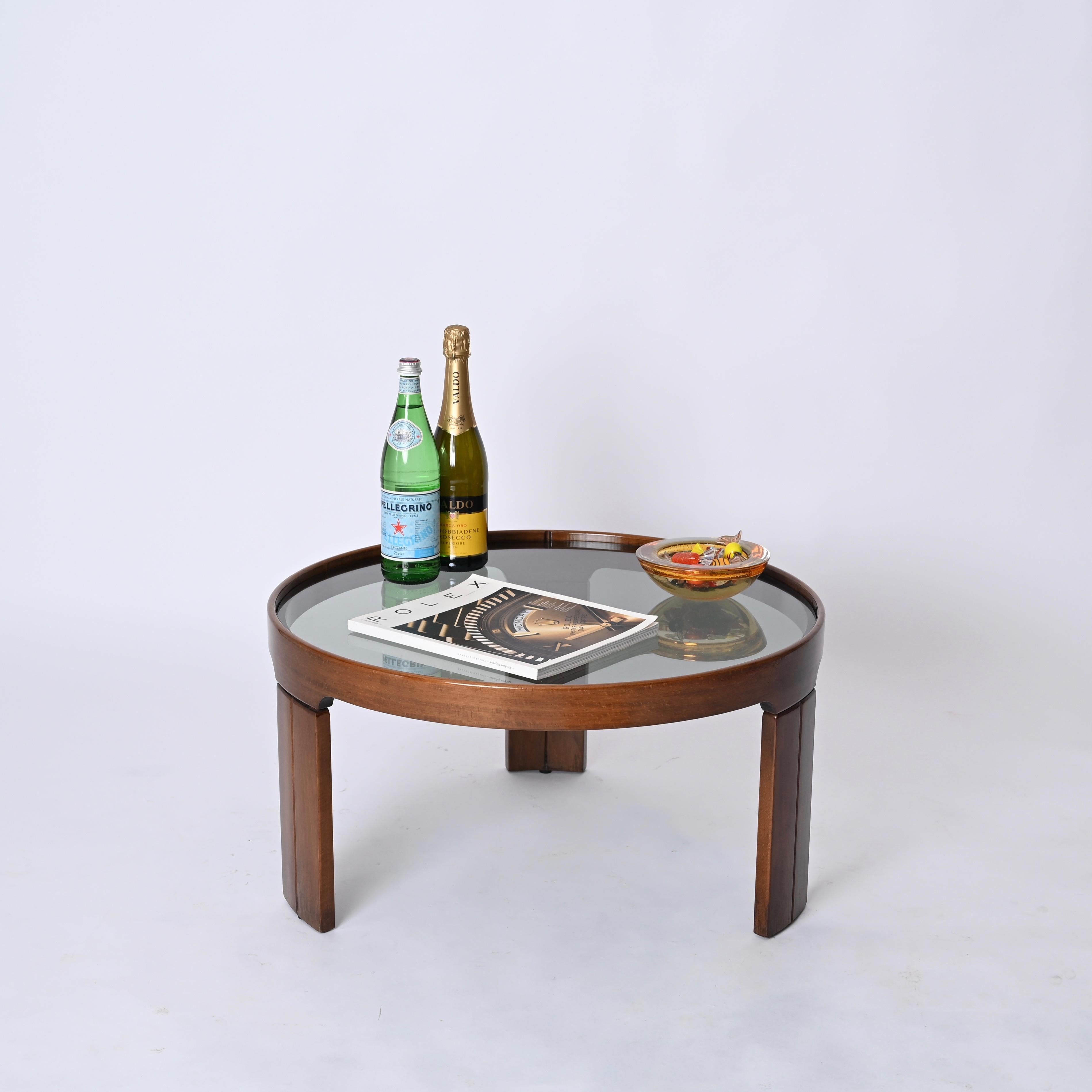 Italian Molteni Walnut Round Coffee or Side Table With Smoked Glass, Italy 1960s