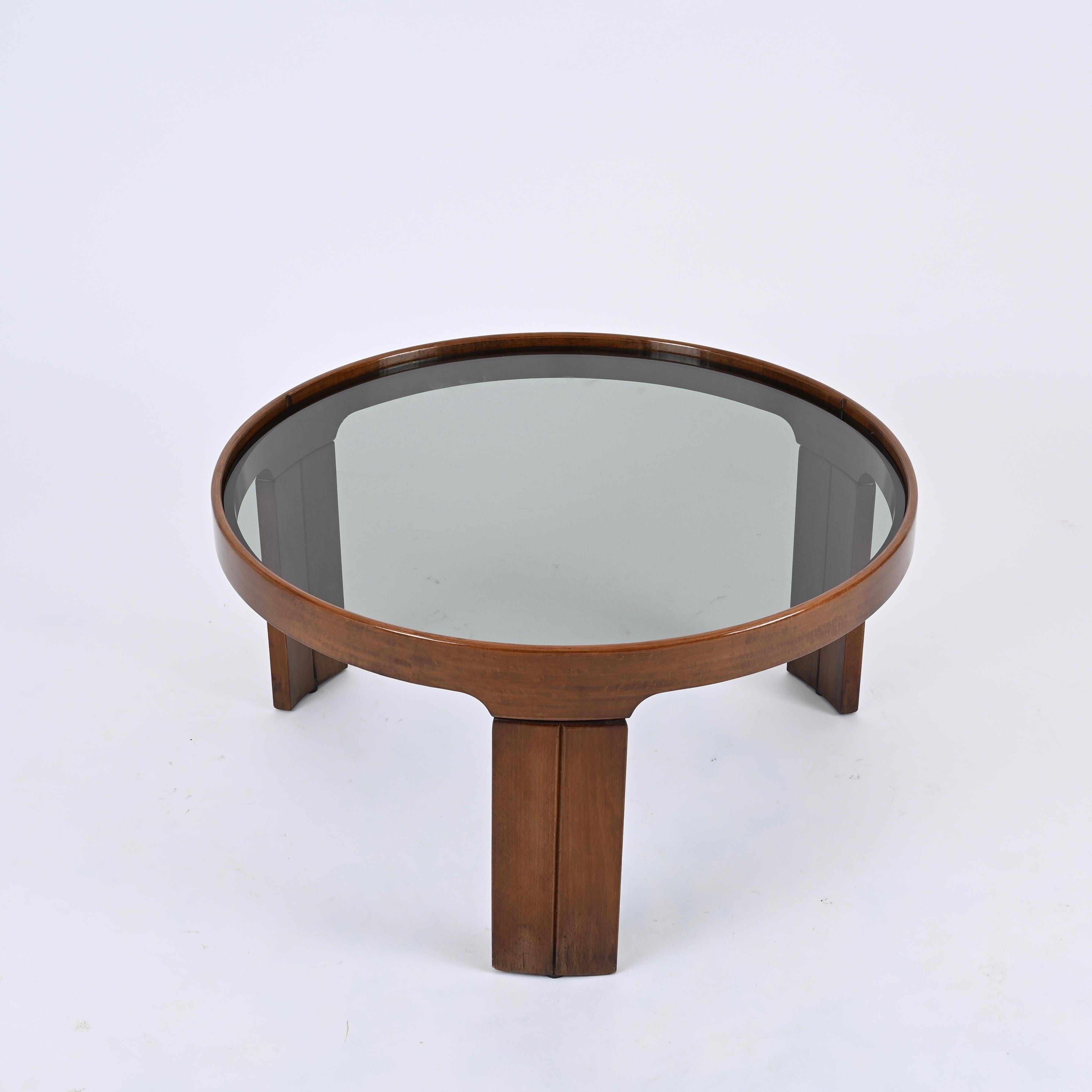 Mid-20th Century Molteni Walnut Round Coffee or Side Table With Smoked Glass, Italy 1960s