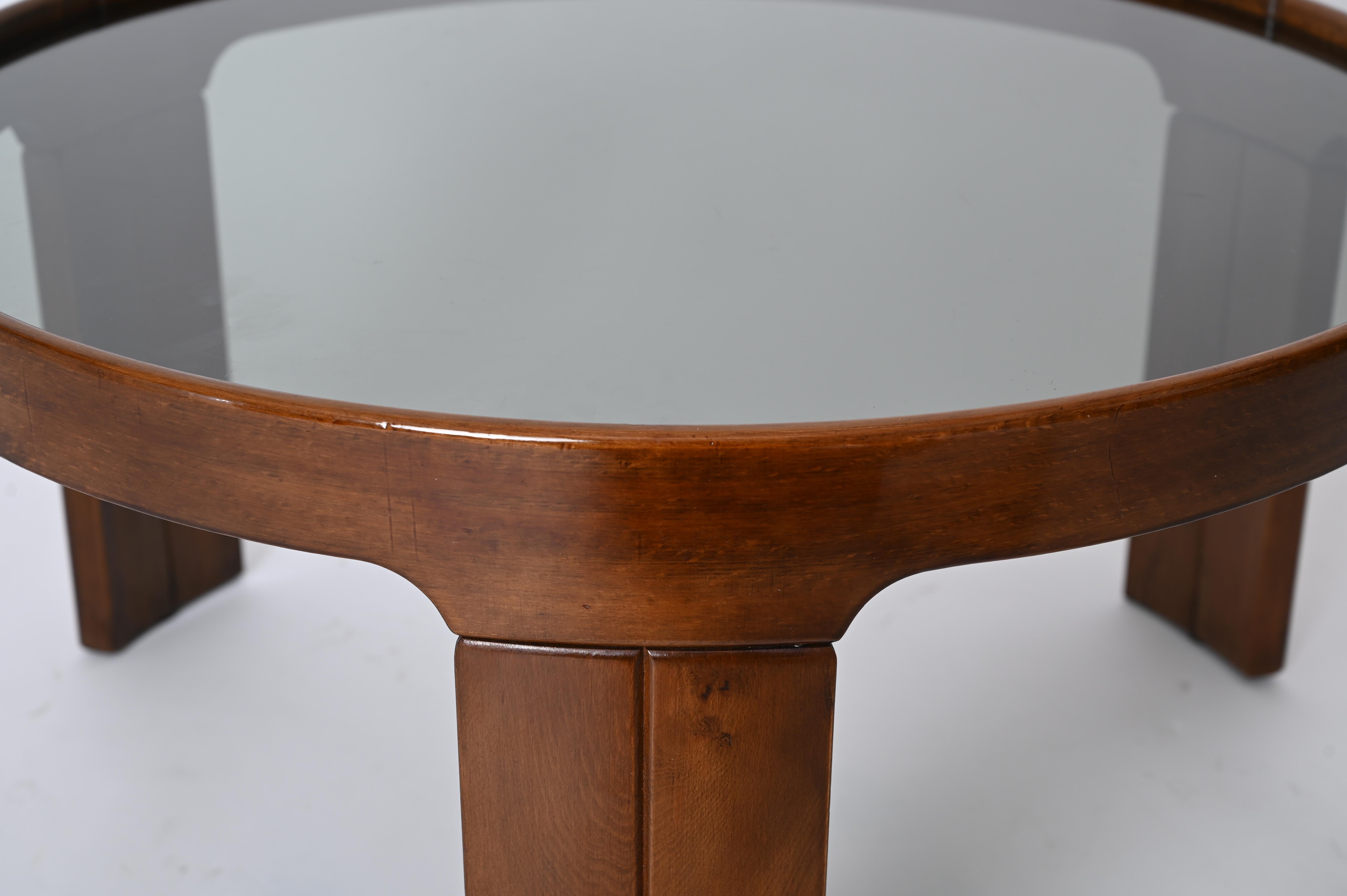 Molteni Walnut Round Coffee or Side Table With Smoked Glass, Italy 1960s 1
