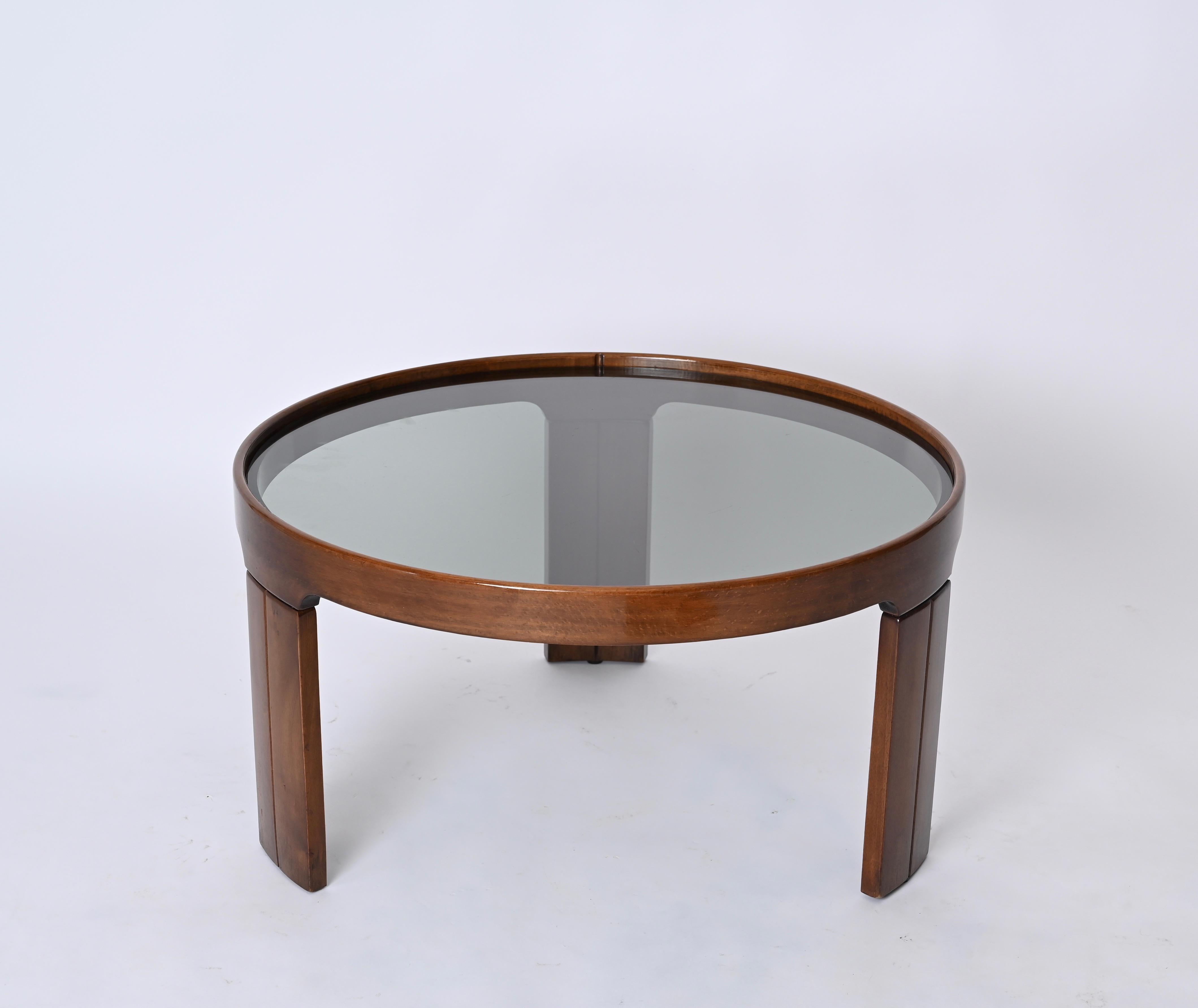 Molteni Walnut Round Coffee or Side Table With Smoked Glass, Italy 1960s 2