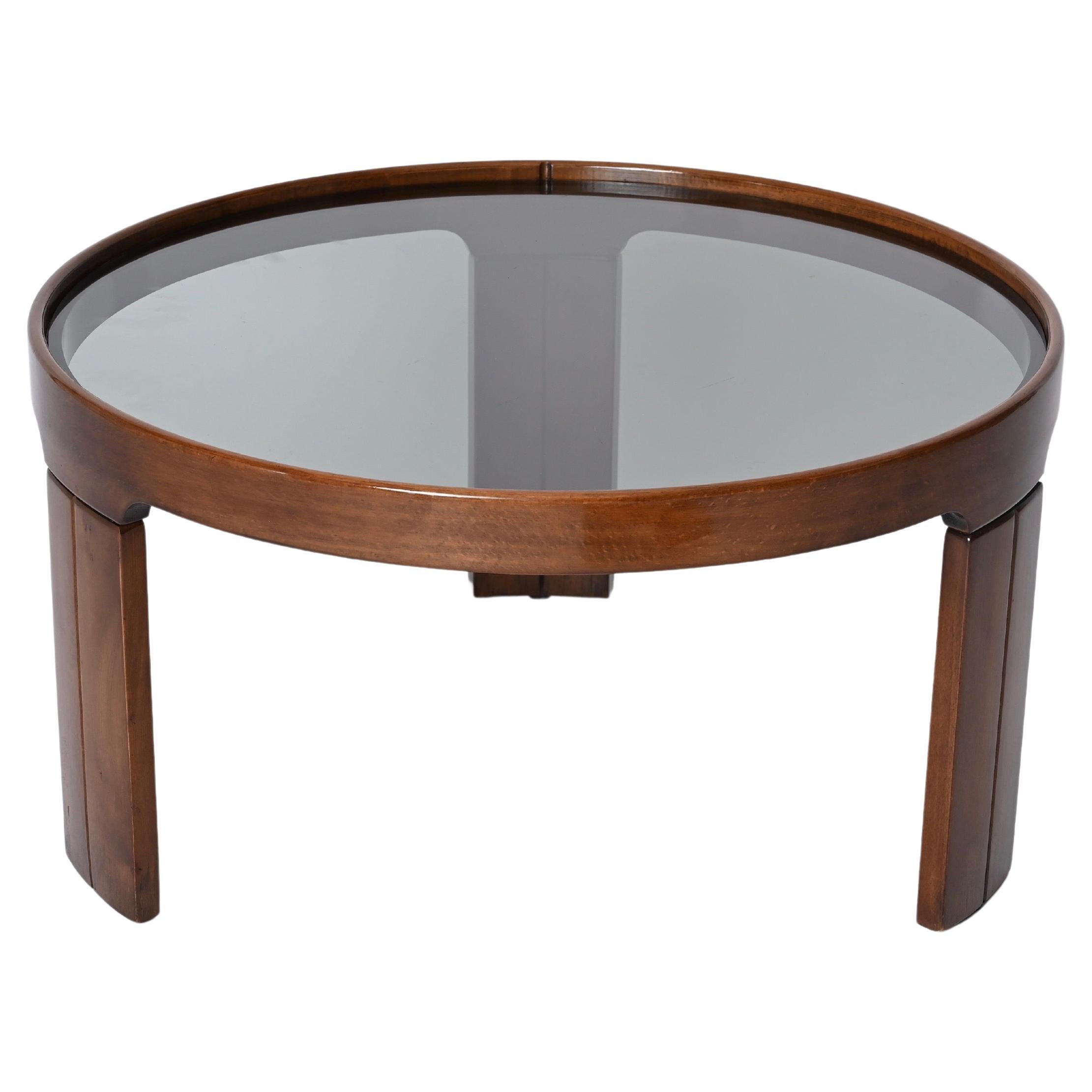 Molteni Walnut Round Coffee or Side Table With Smoked Glass, Italy 1960s