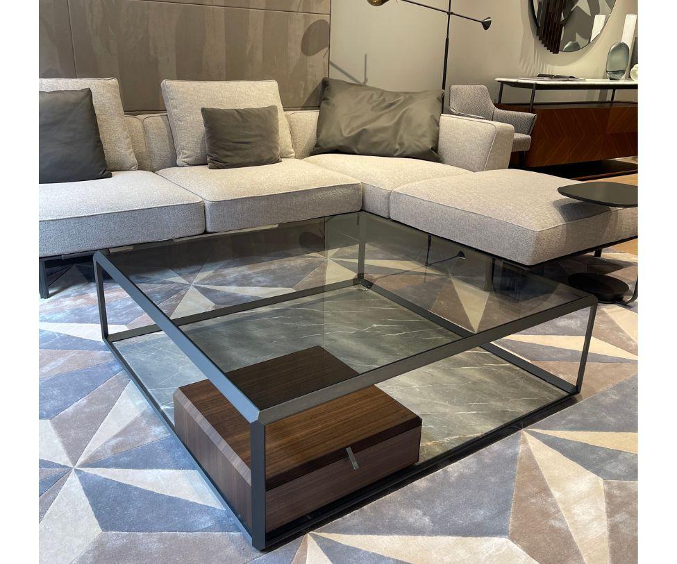 Designed by Ron Gilad
Large Coffee Table with Eucalyptus Drawer
Structure Finish: Pewter
Top Finish: Fume
Bottom Finish: Orient Grey
Teorema Drawer Unit for Bottom of Table: Finish Eucalyptus