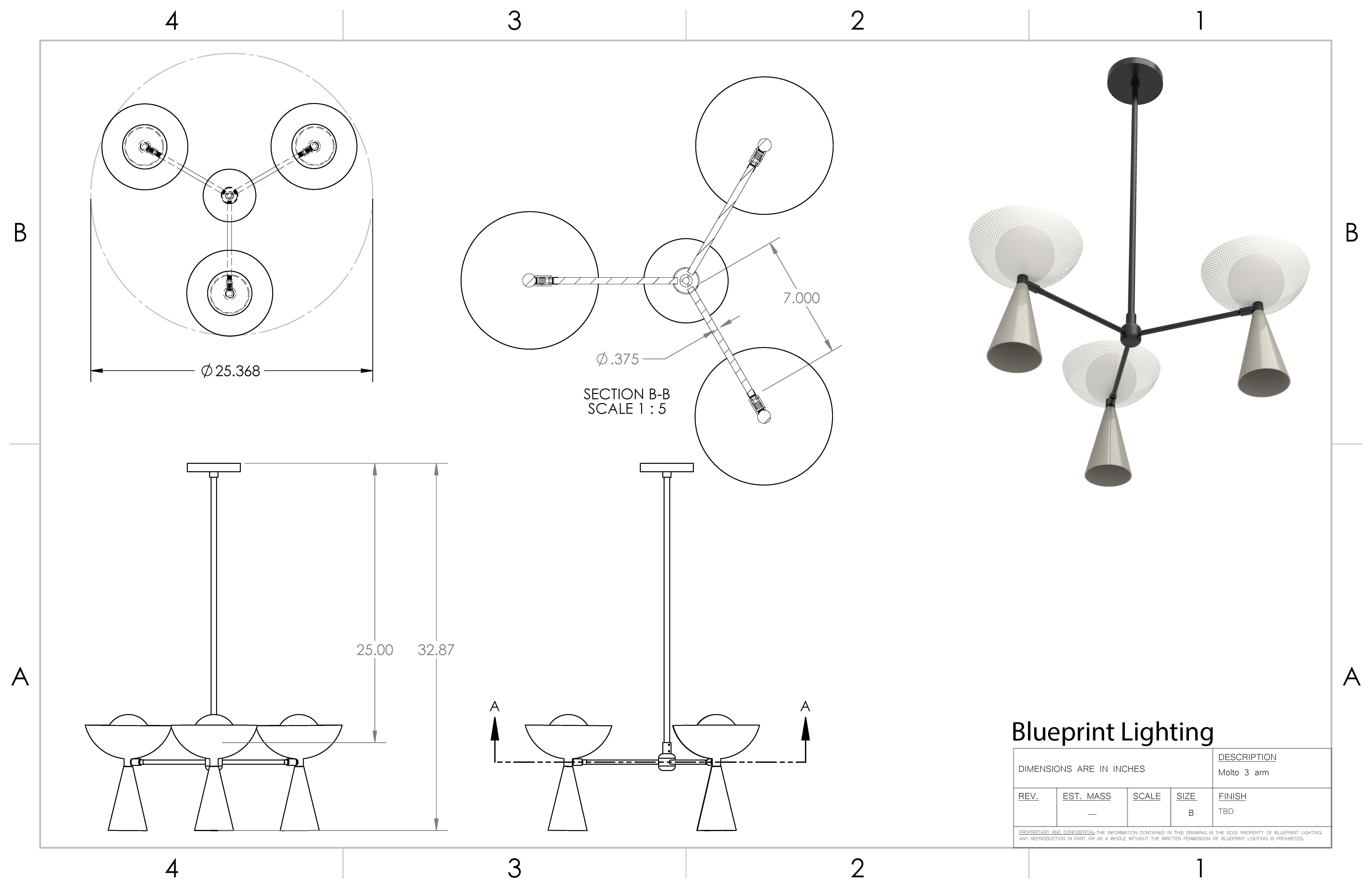 Molto 3-Arm Ceiling Pendant in Natural Brass + Enameled Mesh, Blueprint Lighting For Sale 6