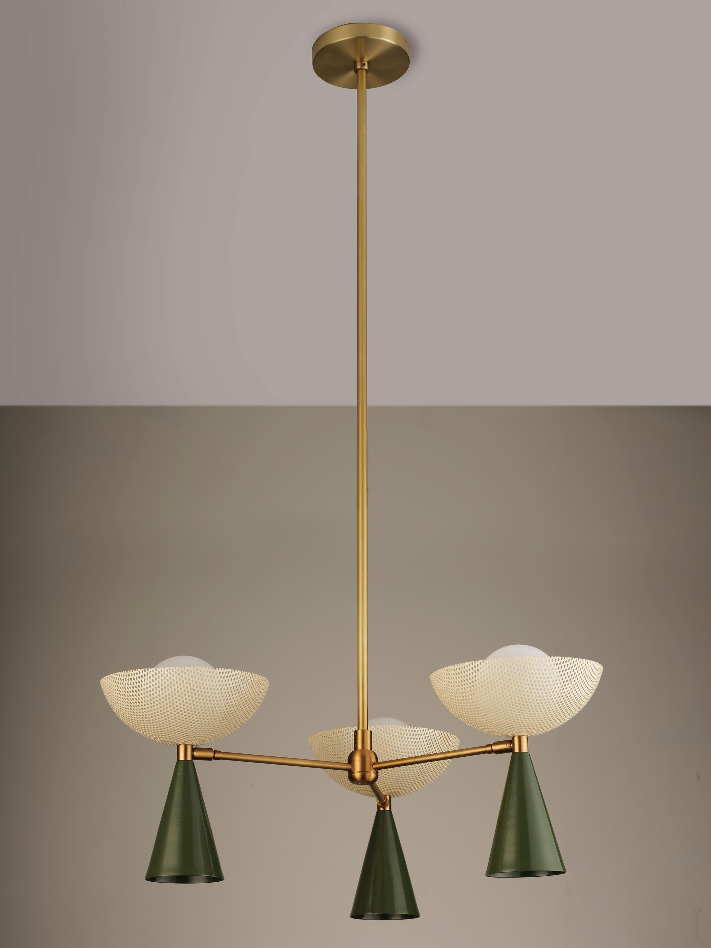 Mid-Century Modern Molto 3-Arm Ceiling Pendant in Natural Brass + Enameled Mesh, Blueprint Lighting
