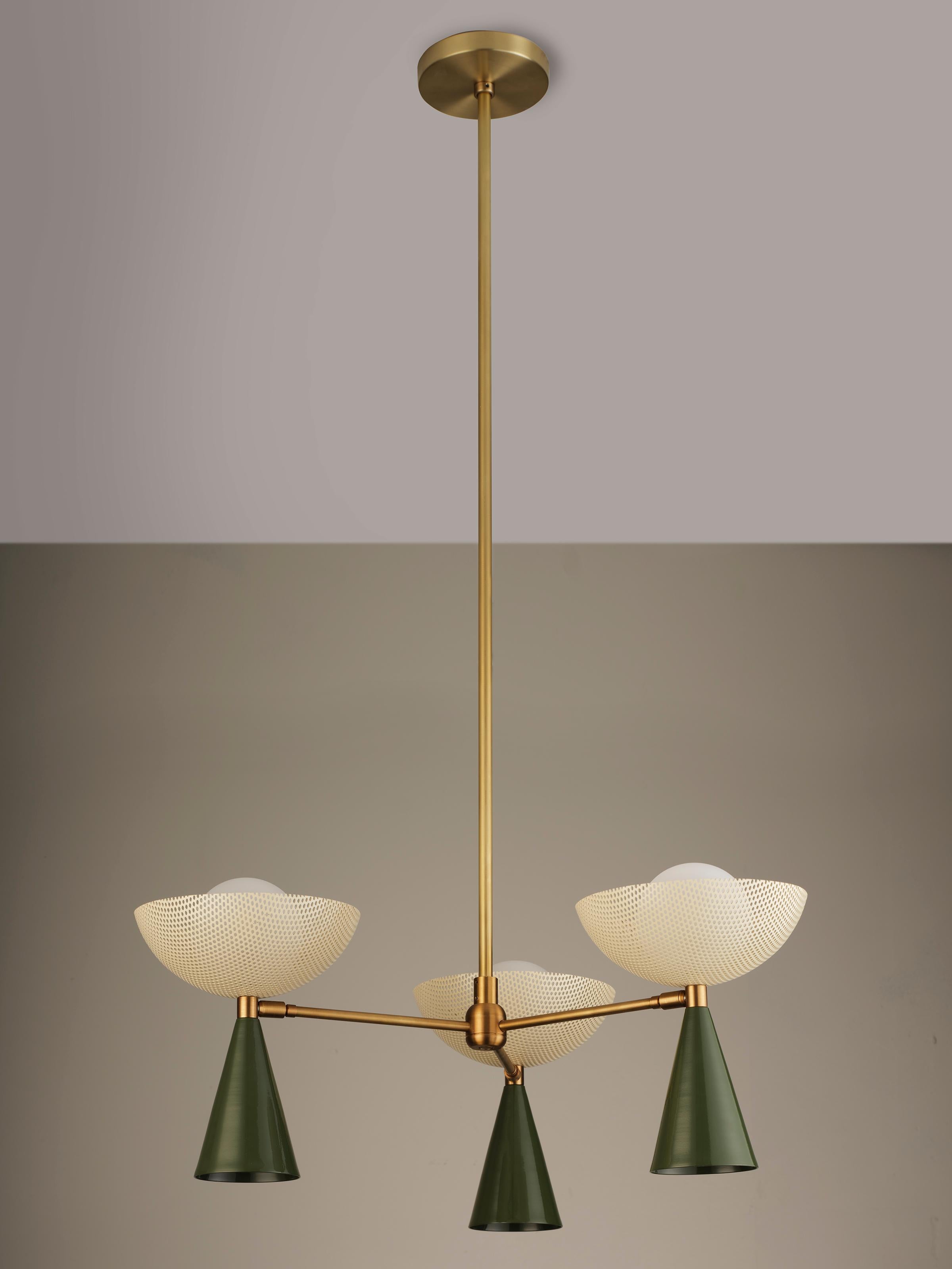 Mid-Century Modern Molto 3-Arm Ceiling Pendant in Natural Brass + Enameled Mesh, Blueprint Lighting For Sale