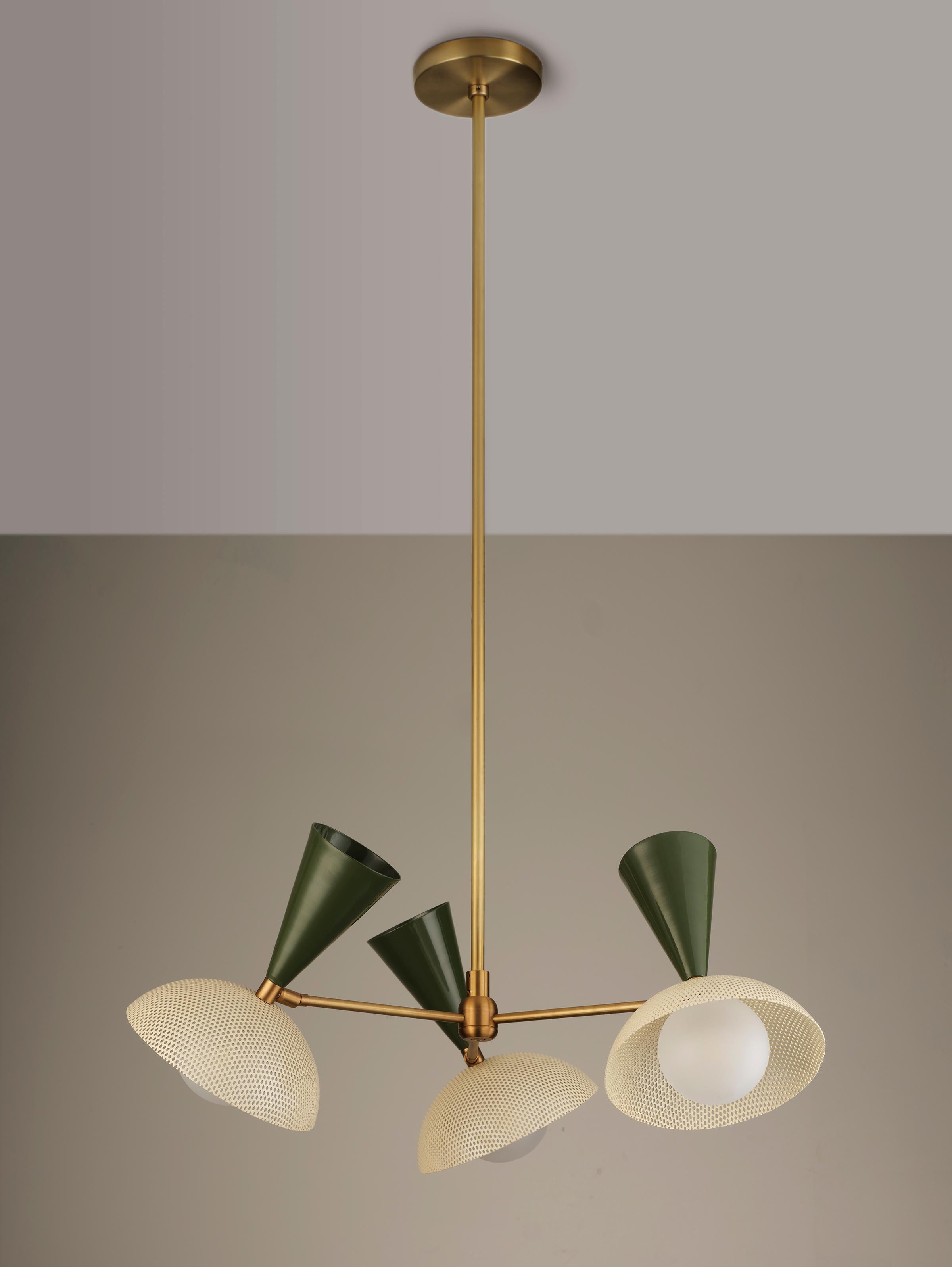 North American Molto 3-Arm Ceiling Pendant in Natural Brass + Enameled Mesh, Blueprint Lighting For Sale