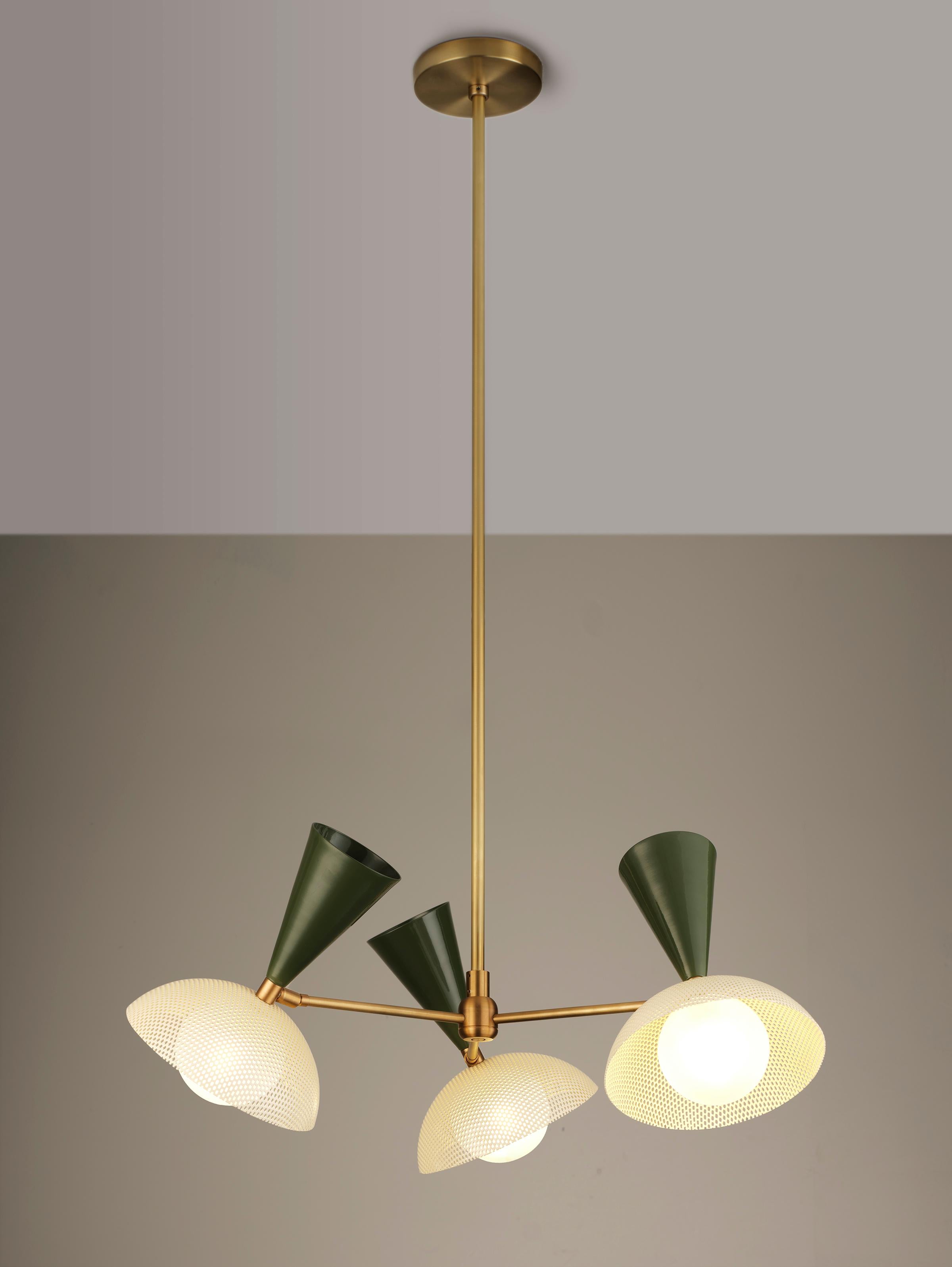 Powder-Coated Molto 3-Arm Ceiling Pendant in Natural Brass + Enameled Mesh, Blueprint Lighting For Sale