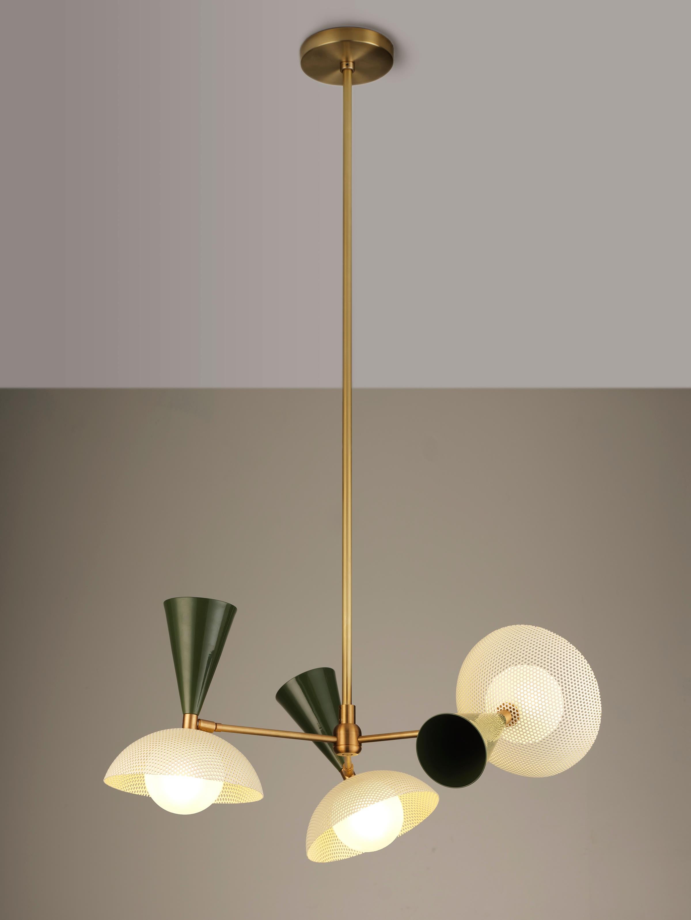 Molto 3-Arm Ceiling Pendant in Natural Brass + Enameled Mesh, Blueprint Lighting For Sale 1