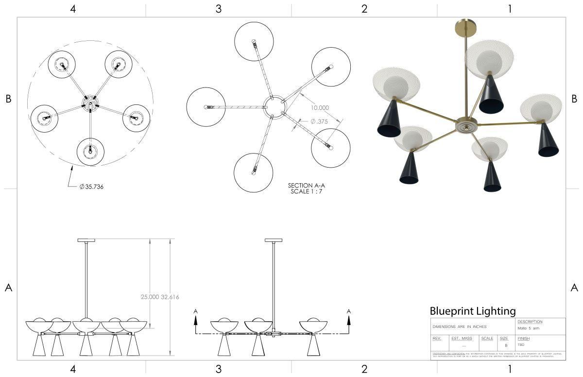 Molto 5-Arm Ceiling Fixture in Brushed Brass + Enameled Mesh, Blueprint Lighting 2