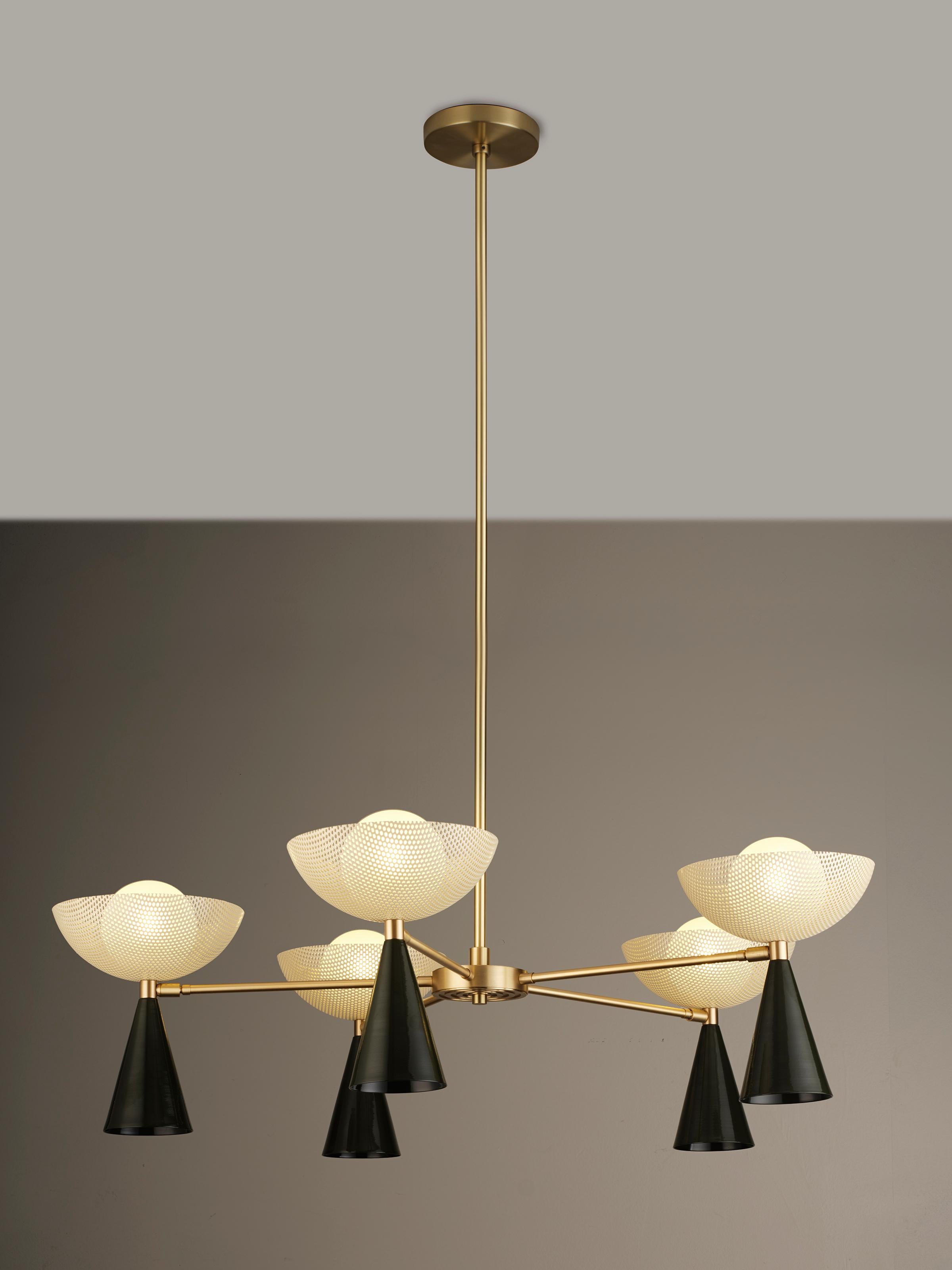 Mid-Century Modern Molto 5-Arm Ceiling Fixture in Brushed Brass + Enameled Mesh, Blueprint Lighting