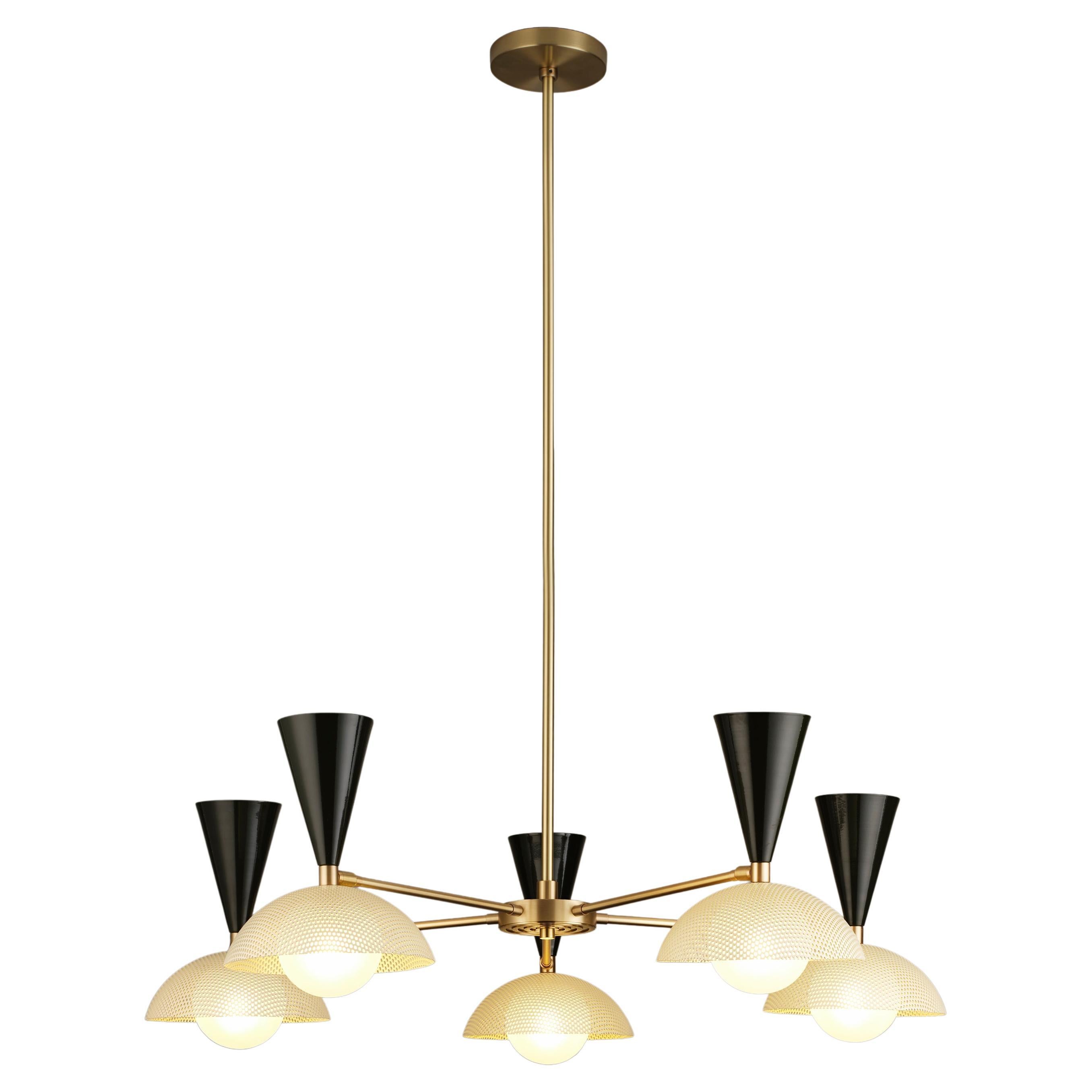 The Molto 5-Arm ceiling fixture offer a fresh take on Italian modernism, featuring a spun-metal mesh shade inspired by Mathieu Matégot's signature medium of Rigitulle. At once playful and sophisticated--the Molto chandelier is a go-anywhere