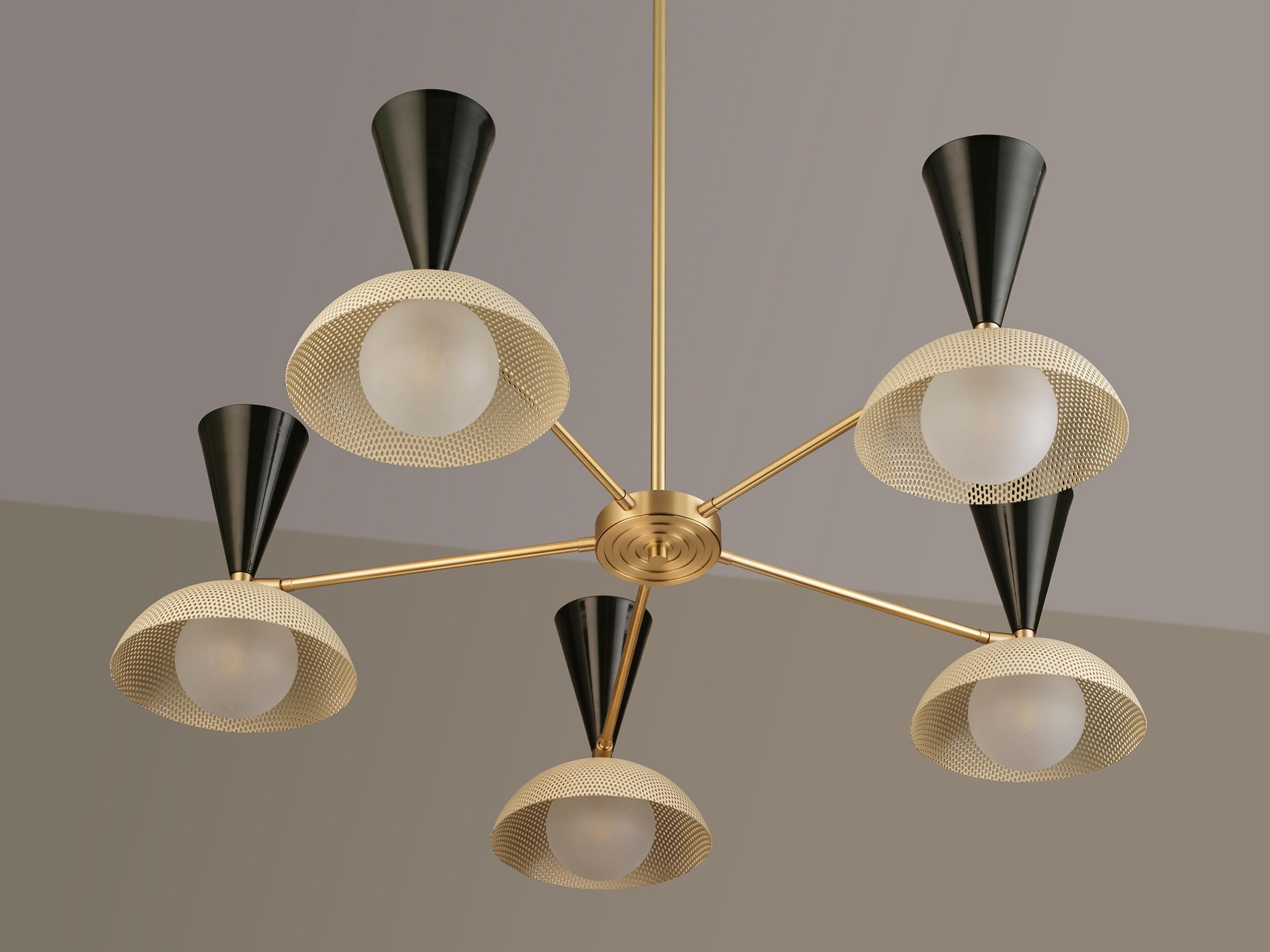 Powder-Coated Molto 5-Arm Ceiling Fixture in Brushed Brass + Enameled Mesh, Blueprint Lighting