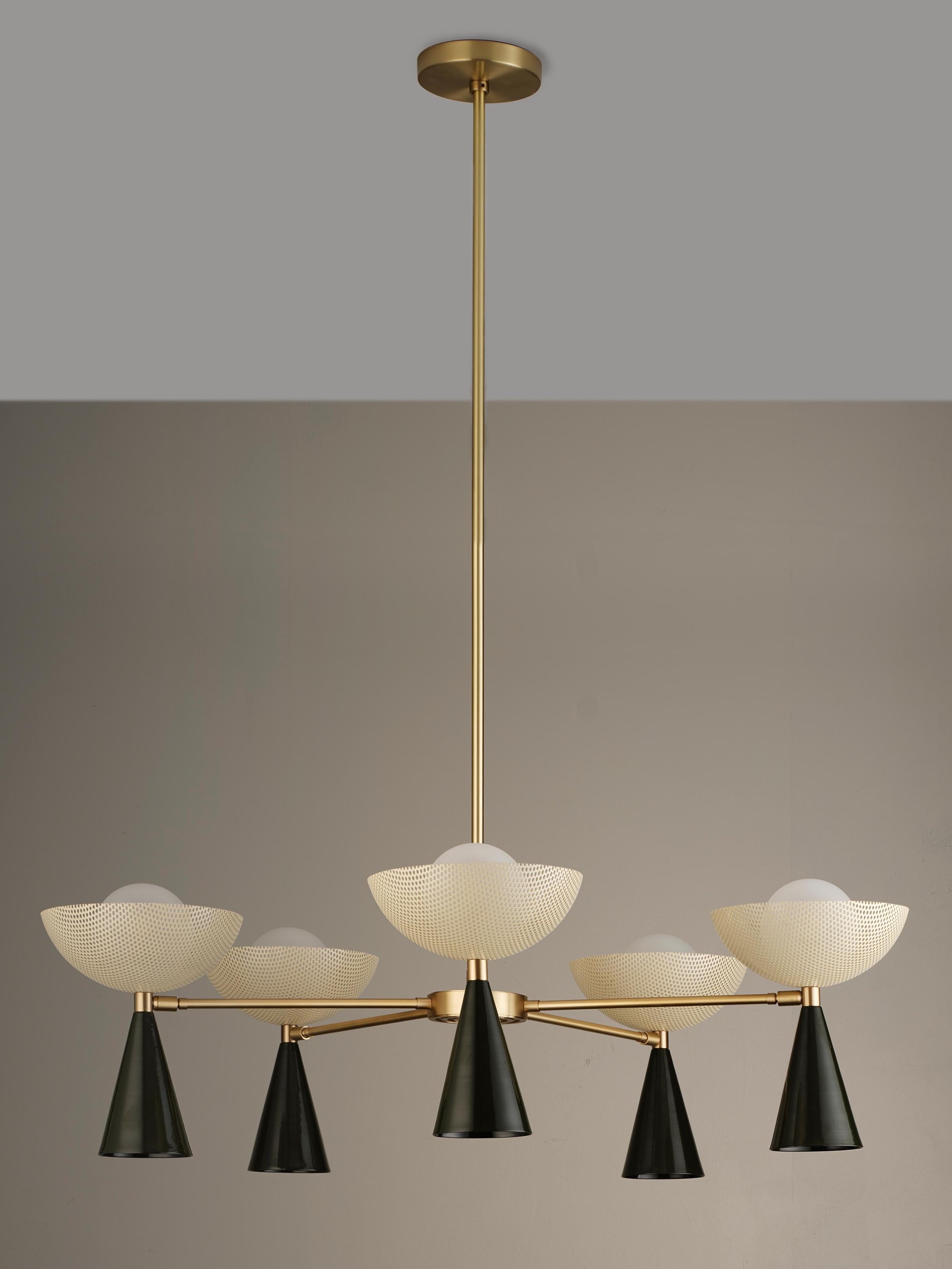 Mid-Century Modern Molto 5-Arm Ceiling Fixture in Brushed Brass + Enameled Mesh, Blueprint Lighting For Sale