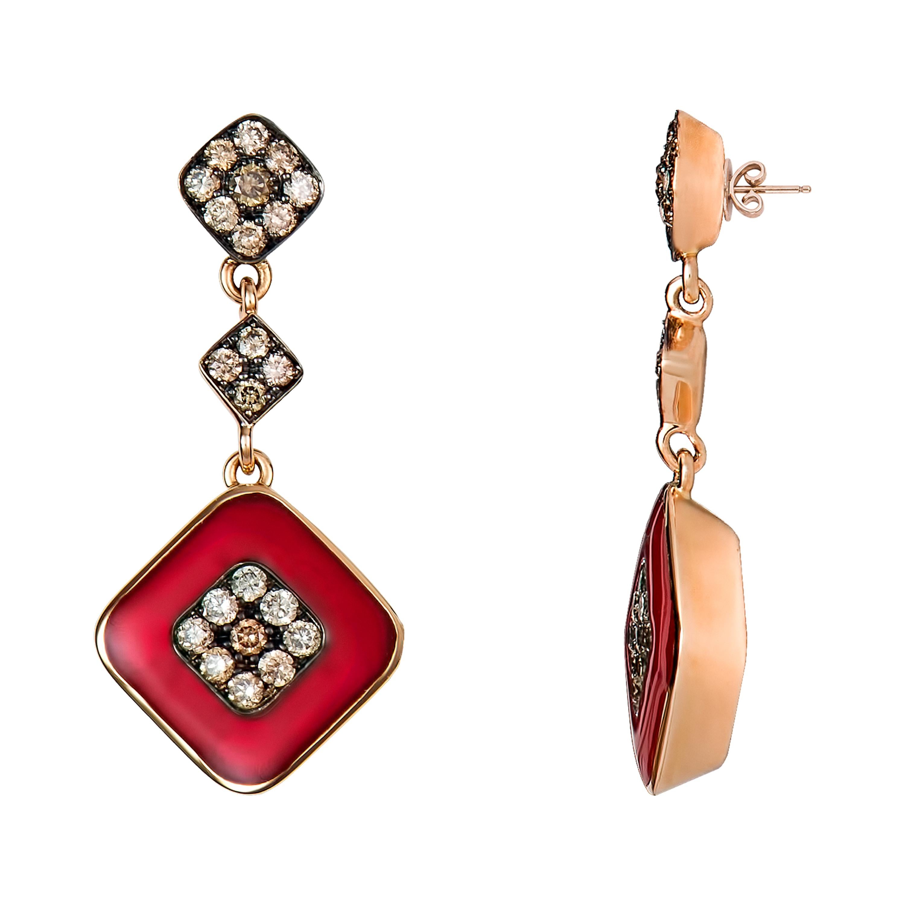 Expertly  handcrafted by Molu this simple yet elegant 18k rose gold dangle earrings are a perfect fit for summer days with its vibrant red colored enamel complete with brown diamonds in the center. 

Brown Diamonds: 0.50 carats