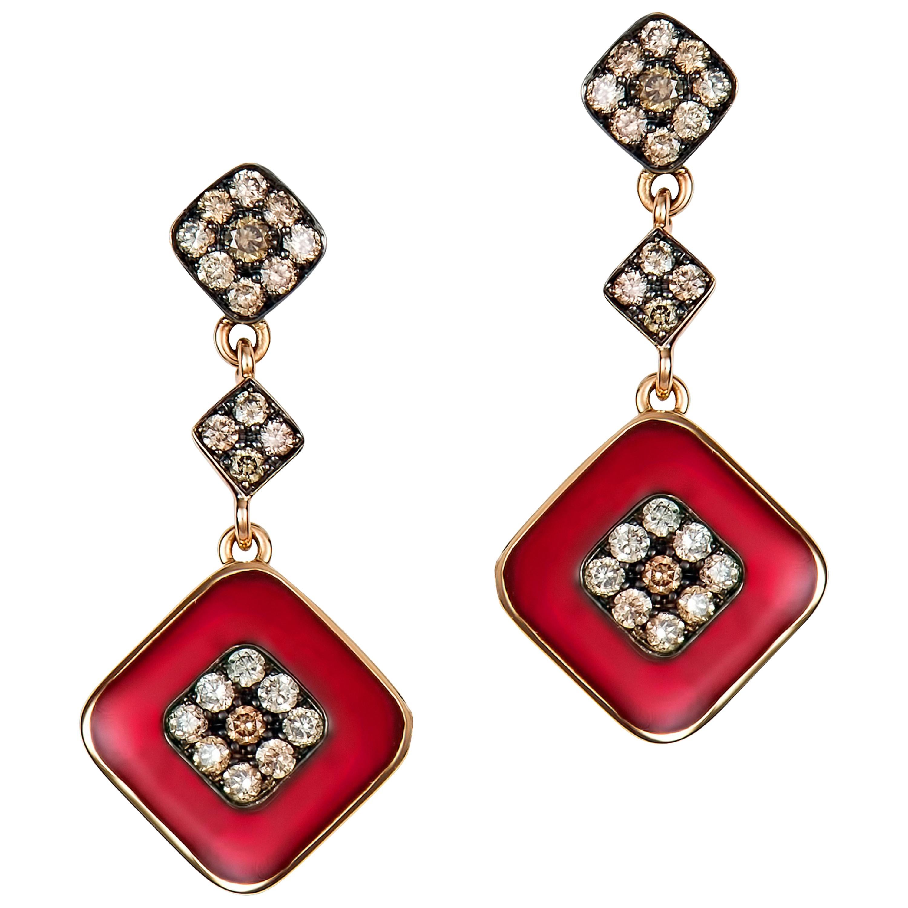 Molu Red Enameled Brown Diamond Rose Gold Dangle Earrings For Sale