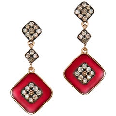 Molu Red Enameled Brown Diamond Rose Gold Dangle Earrings