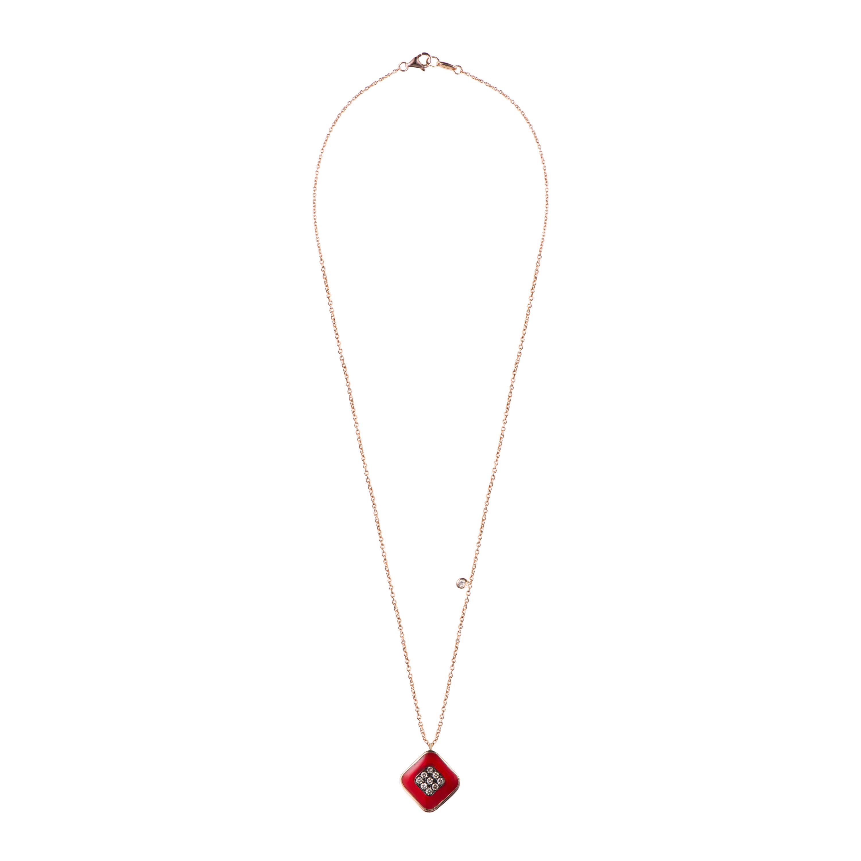 Expertly  handcrafted by Molu this simple yet elegant 18k rose gold dangle earrings are a perfect fit for summer days with its vibrant red colored enamel complete with brown diamonds in the center. Please also note the single brown diamond dangling