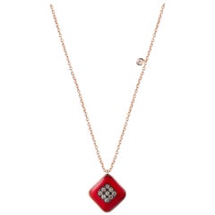 Molu Red Enameled Brown Diamond Rose Gold Square Necklace
