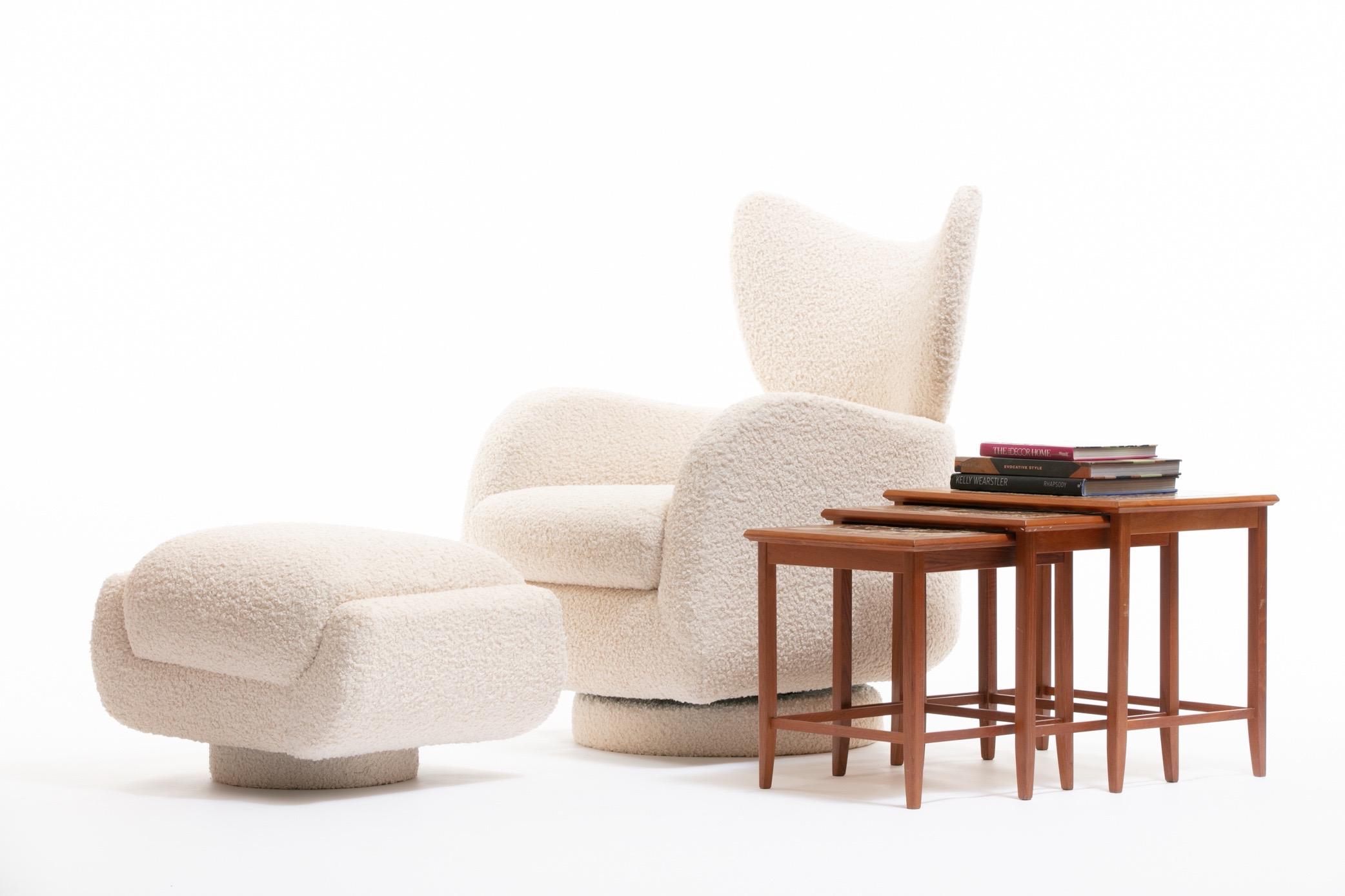 Mom & Pop Pair Vladimir Kagan Wingback Swivel Chairs & Ottomans in Ivory Bouclé For Sale 9