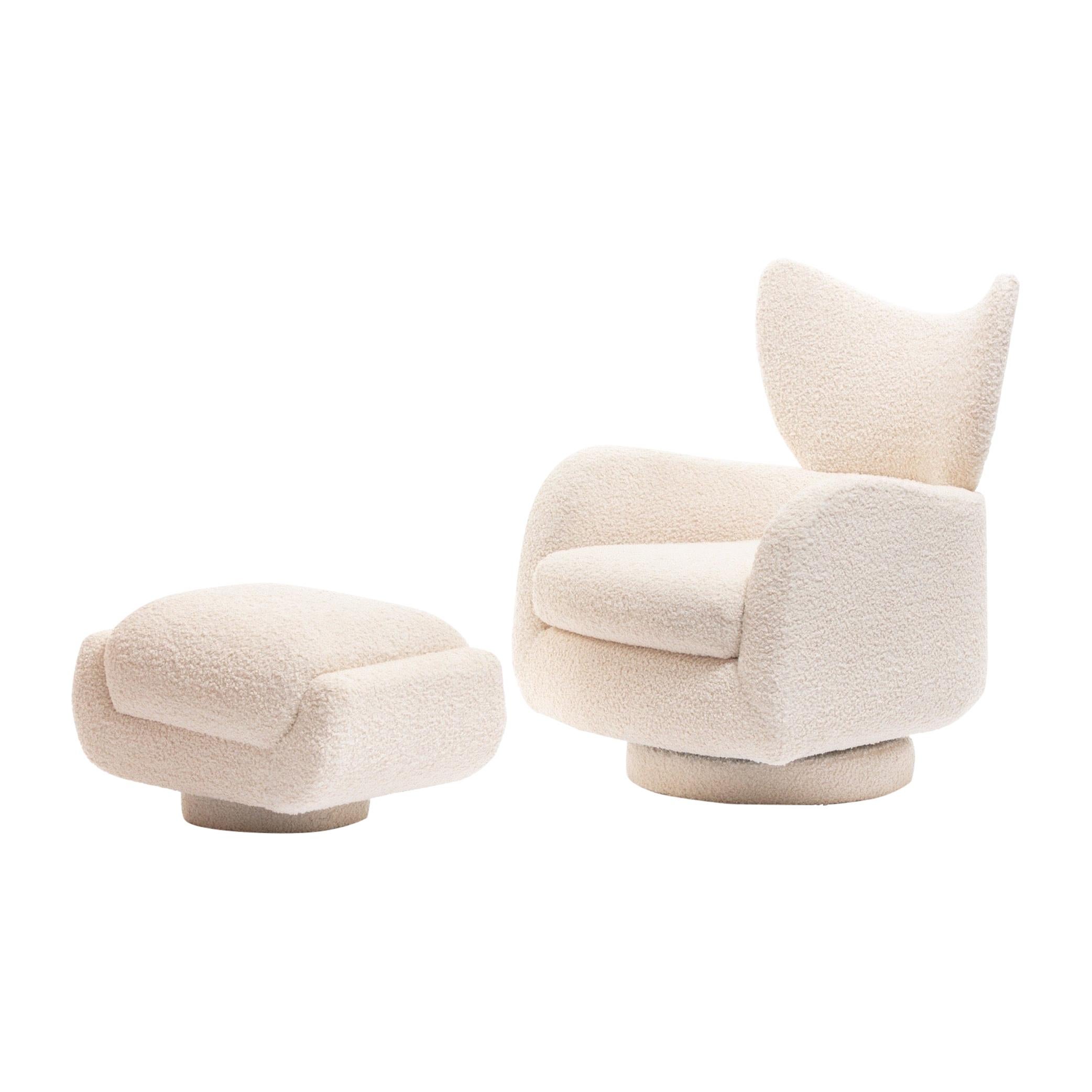 Mom & Pop Pair Vladimir Kagan Wingback Swivel Chairs & Ottomans in Ivory Bouclé For Sale 10