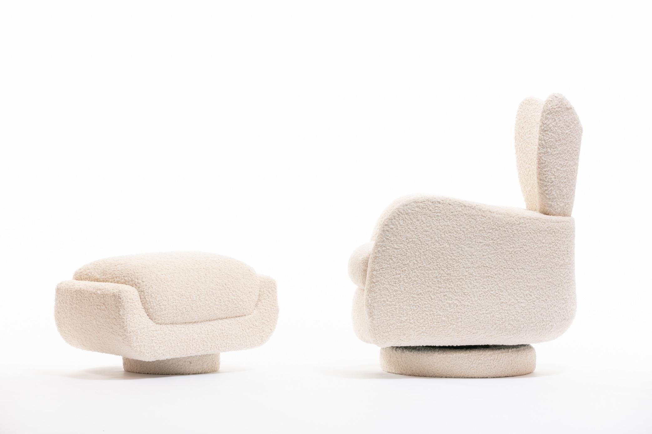 Mom & Pop Pair Vladimir Kagan Wingback Swivel Chairs & Ottomans in Ivory Bouclé For Sale 11