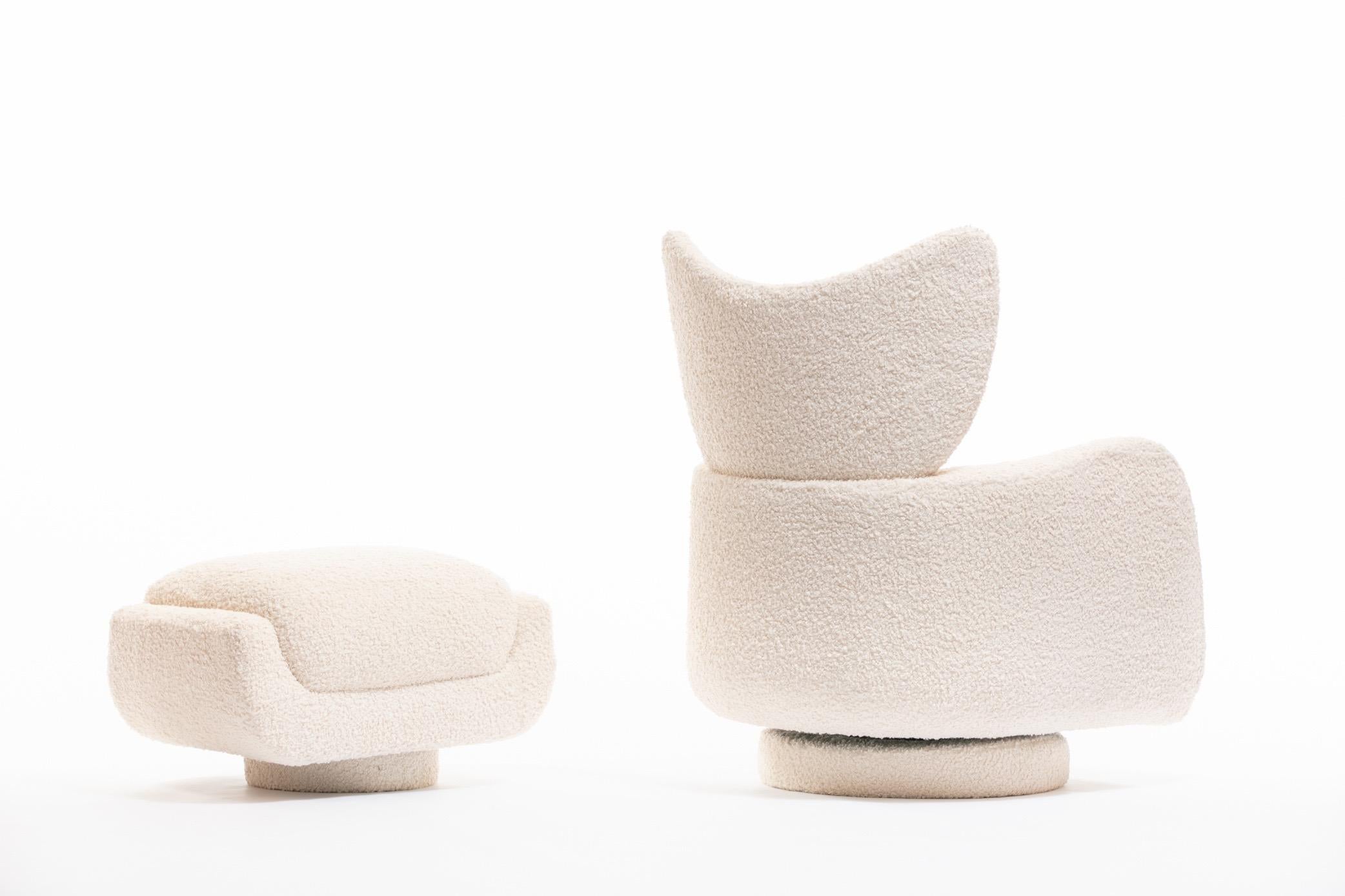 Mom & Pop Pair Vladimir Kagan Wingback Swivel Chairs & Ottomans in Ivory Bouclé For Sale 13