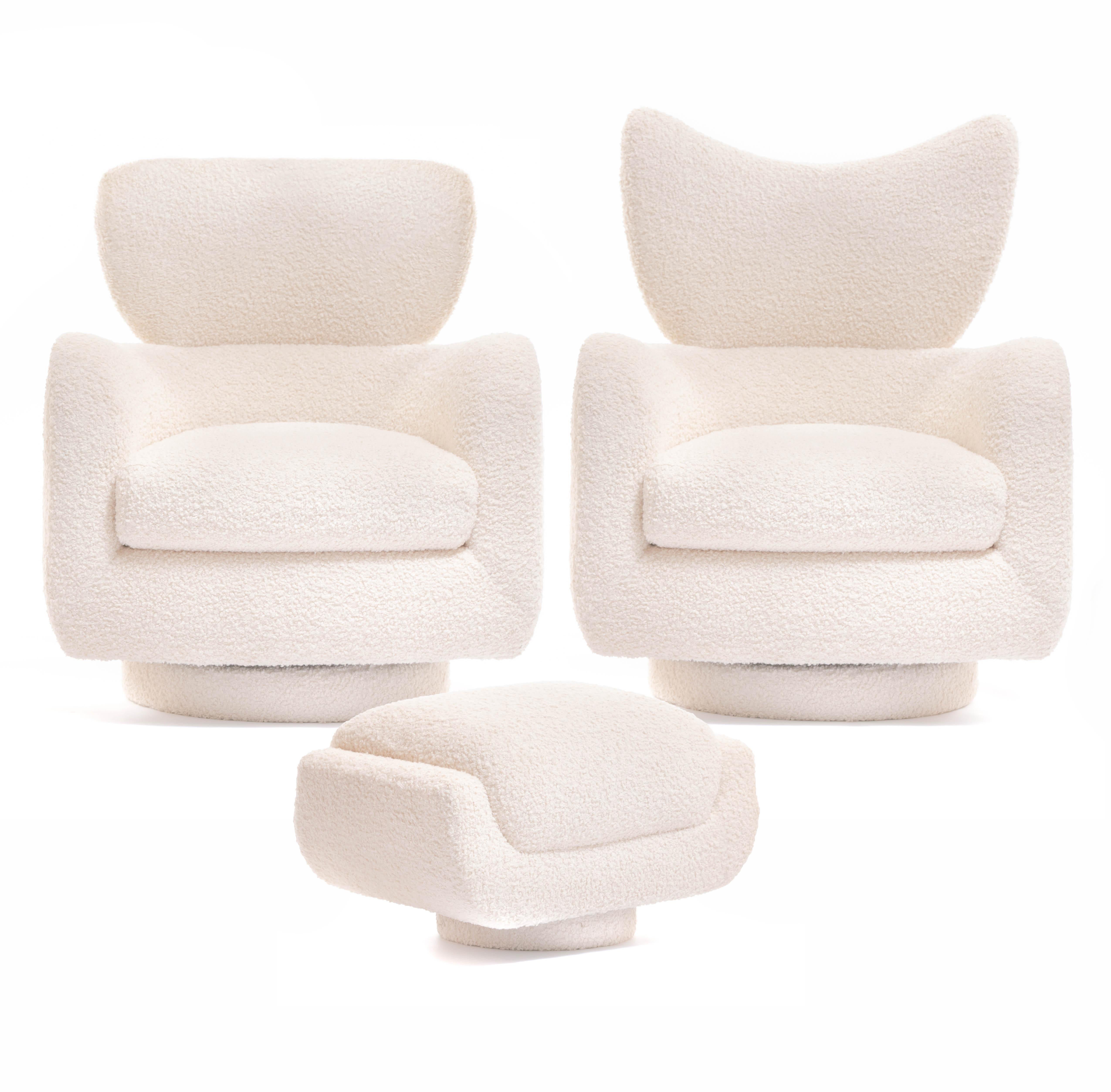 If you want to be the envy of your friends and fellow designers, here's how you do it. Our shop is very excited to offer a rare pair of Mom & Pop Vladimir Kagan swivel wingback chairs with matching ottomans, freshly and expertly reupholstered in