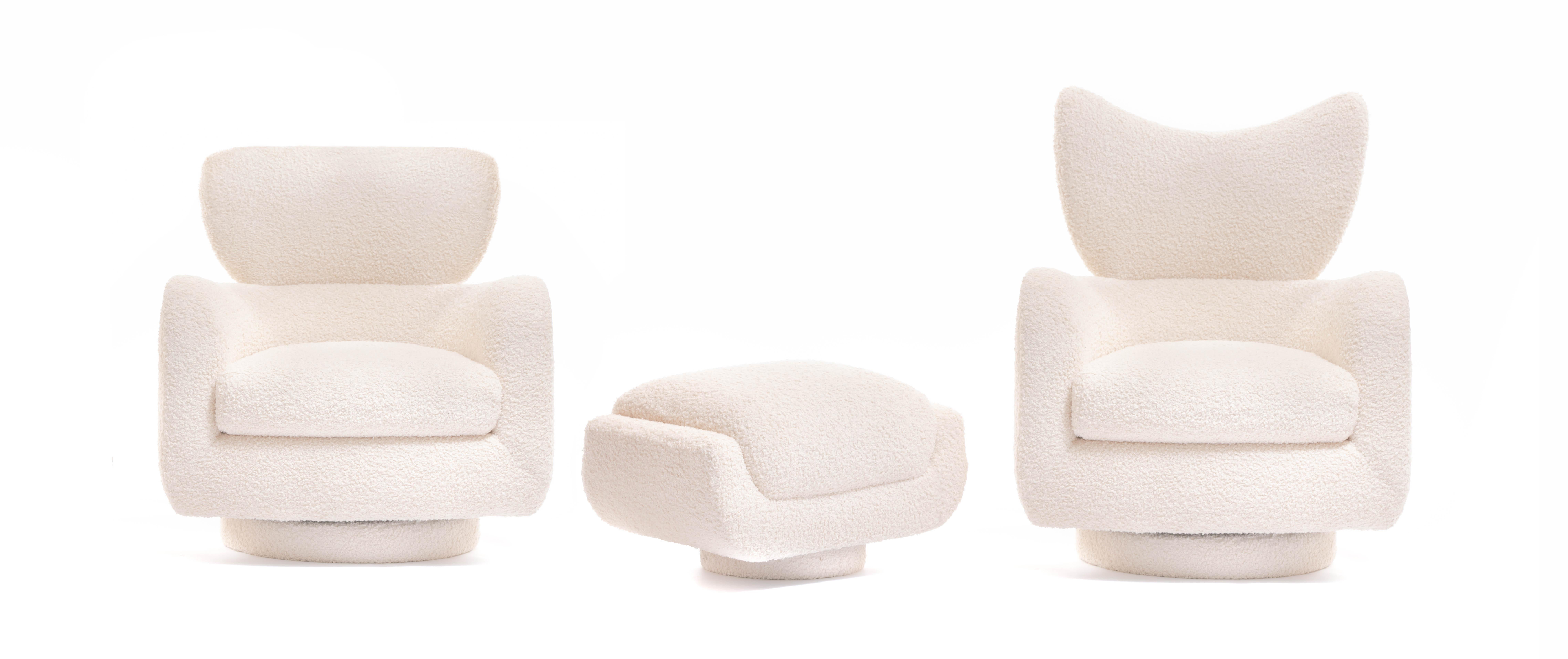 American Mom & Pop Pair Vladimir Kagan Wingback Swivel Chairs & Ottomans in Ivory Bouclé For Sale