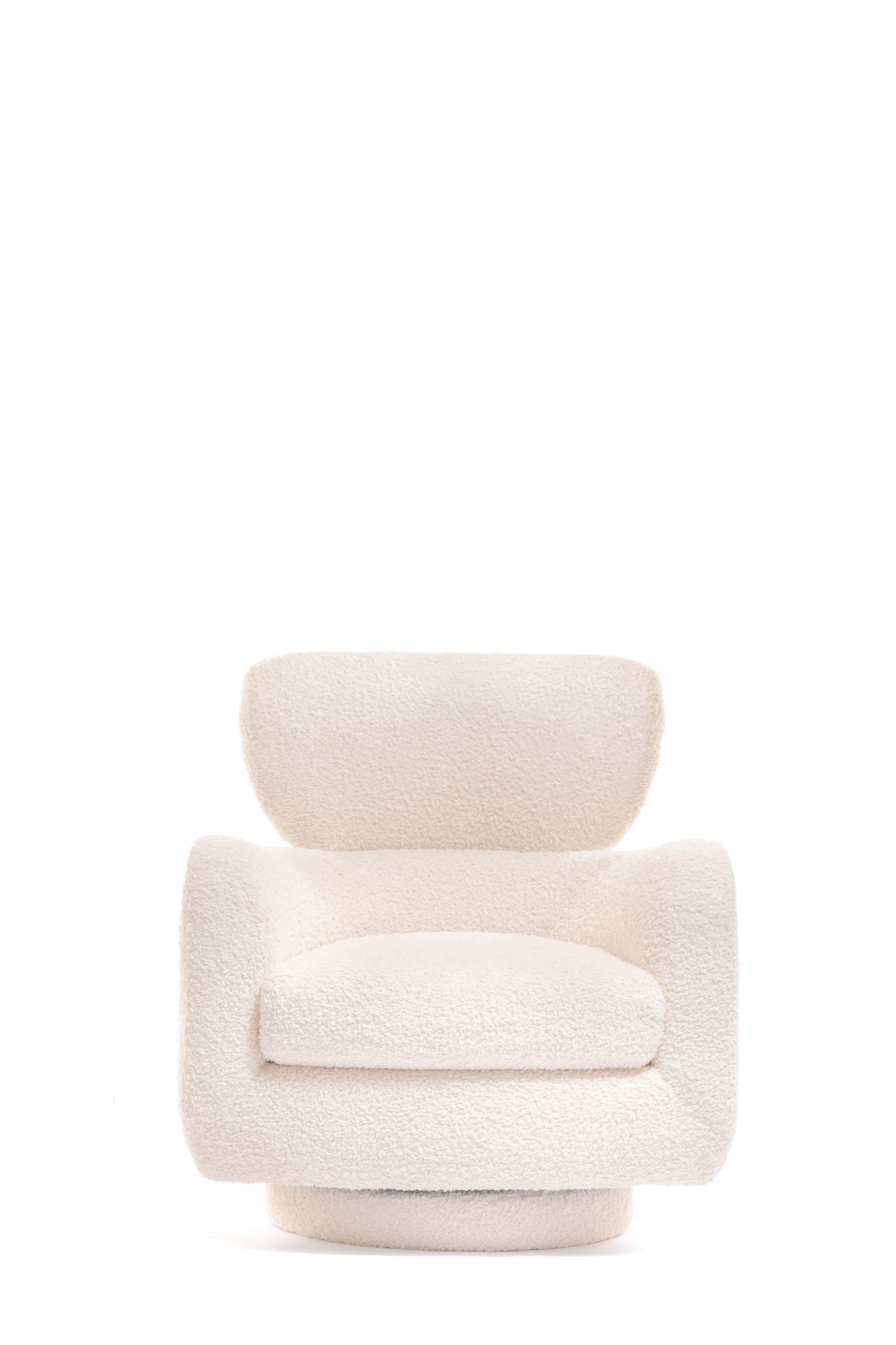Late 20th Century Mom & Pop Pair Vladimir Kagan Wingback Swivel Chairs & Ottomans in Ivory Bouclé For Sale