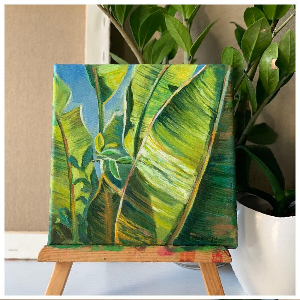 «Calm Palm». Green Tropical garden- miniature oil painting - Painting by Momalyu Liubov