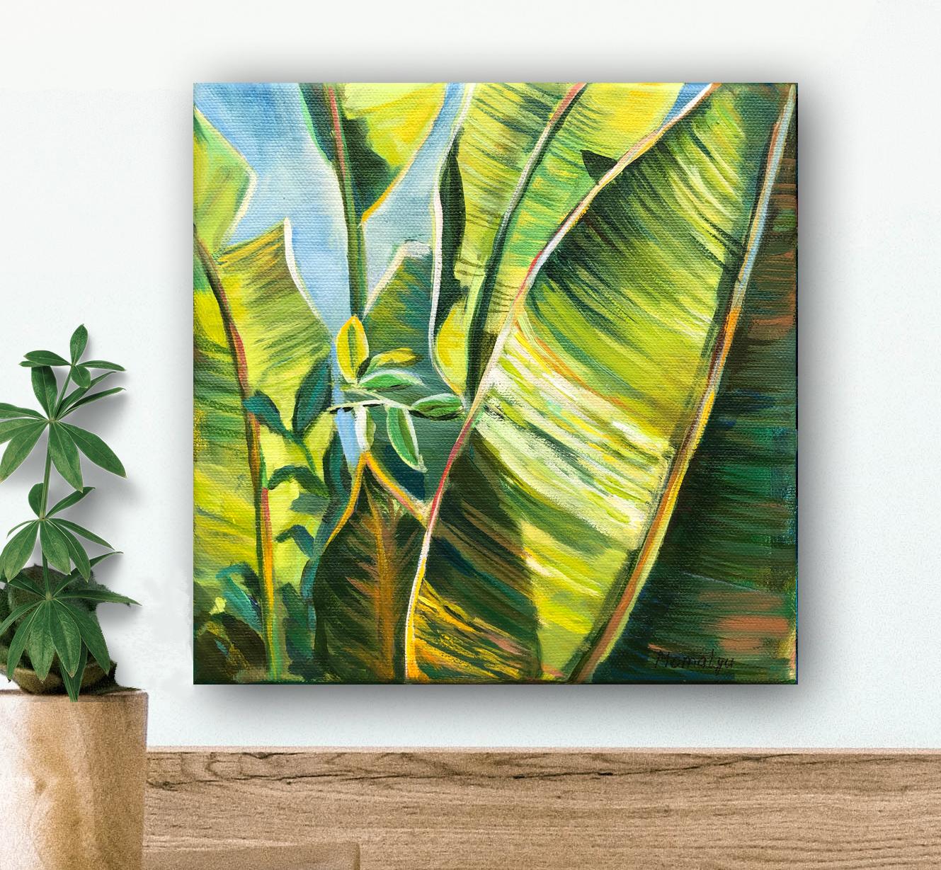 «Calm Palm». Green Tropical garden- miniature oil painting - Impressionist Painting by Momalyu Liubov