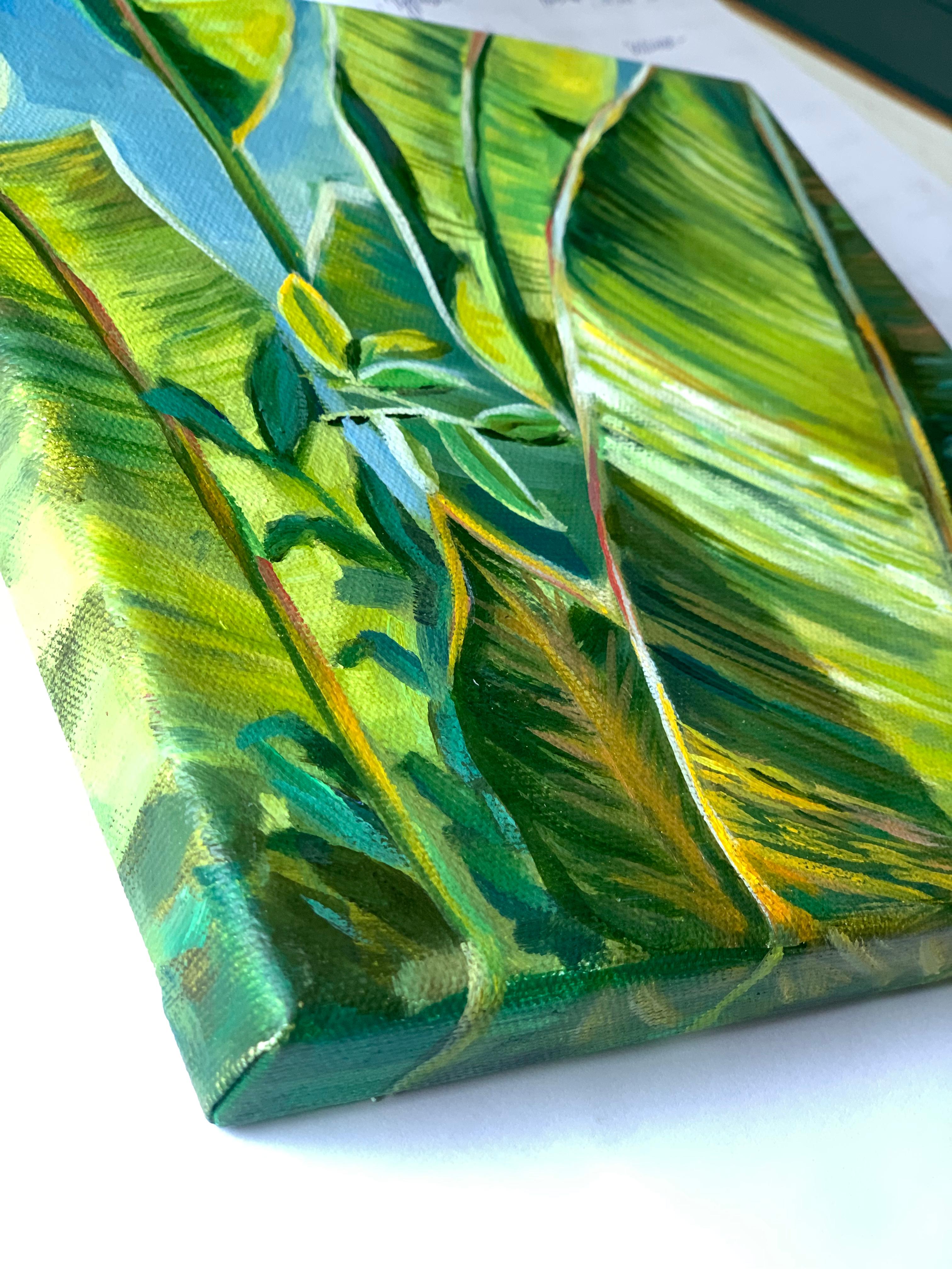 Original small oil painting on canvas . green leaf of Palm
Watching the sunlit leaves gives us a burst of energy and positive feelings, don't you agree?
- Original oil painting on canvas - miniature 
- 20x20 cm (7.8 x 7.8 inch)
- 0.6 inch thick