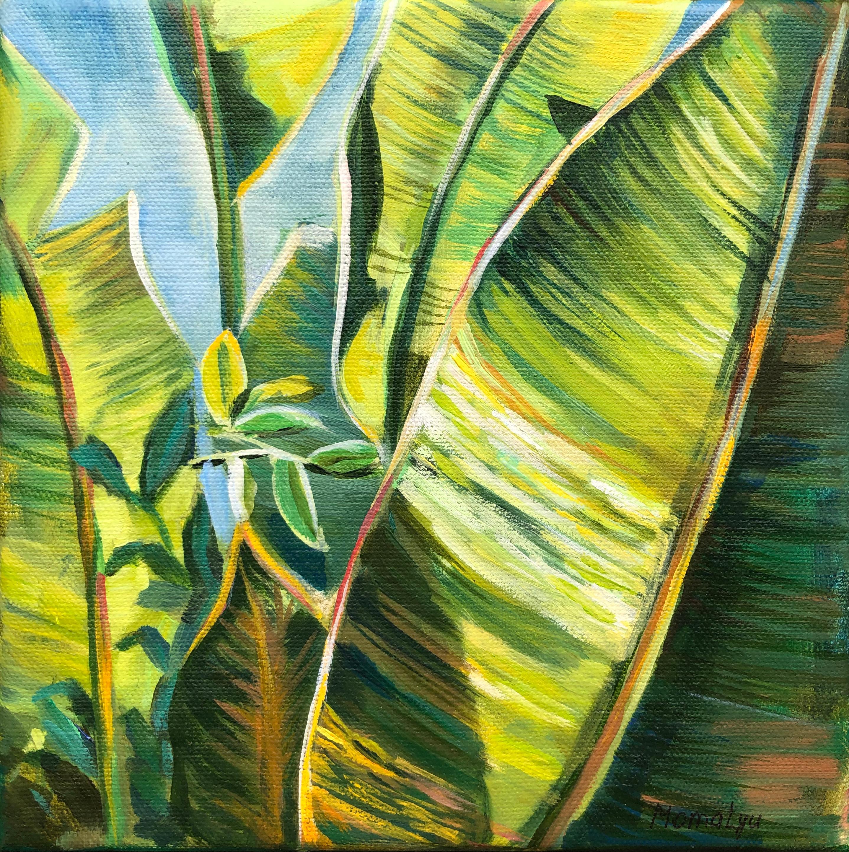 Momalyu Liubov Landscape Painting - «Calm Palm». Green Tropical garden- miniature oil painting