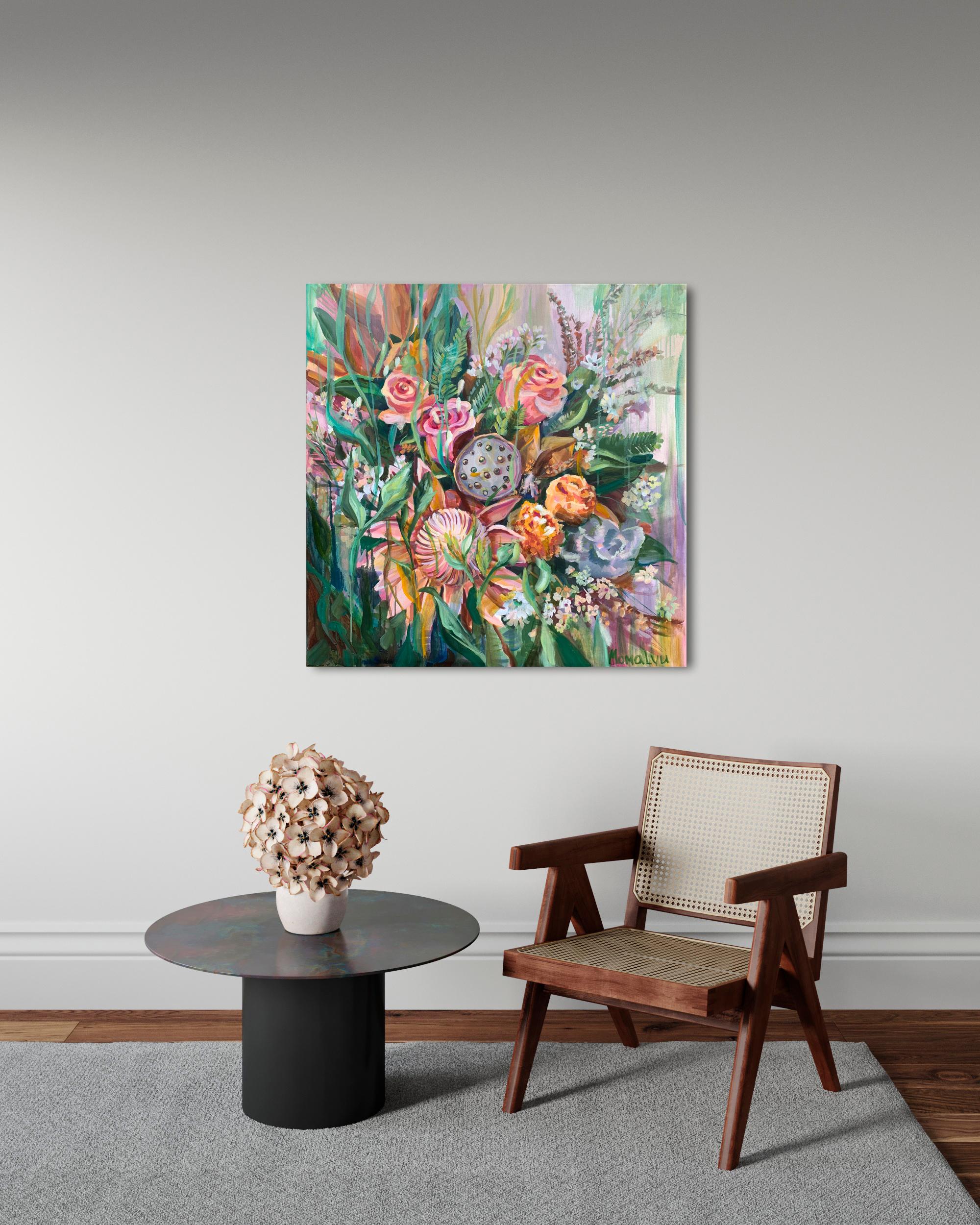 Bright colors of Flowers in bouquet for celebration in the moment. Roses, Protea flowers
 How often do we stay in the moment? Here and now.
- Original oil painting
- 60x60 cm (23.6 x 23.6 inch)
- 1.5 inch thick galley wrapped painted edges - no