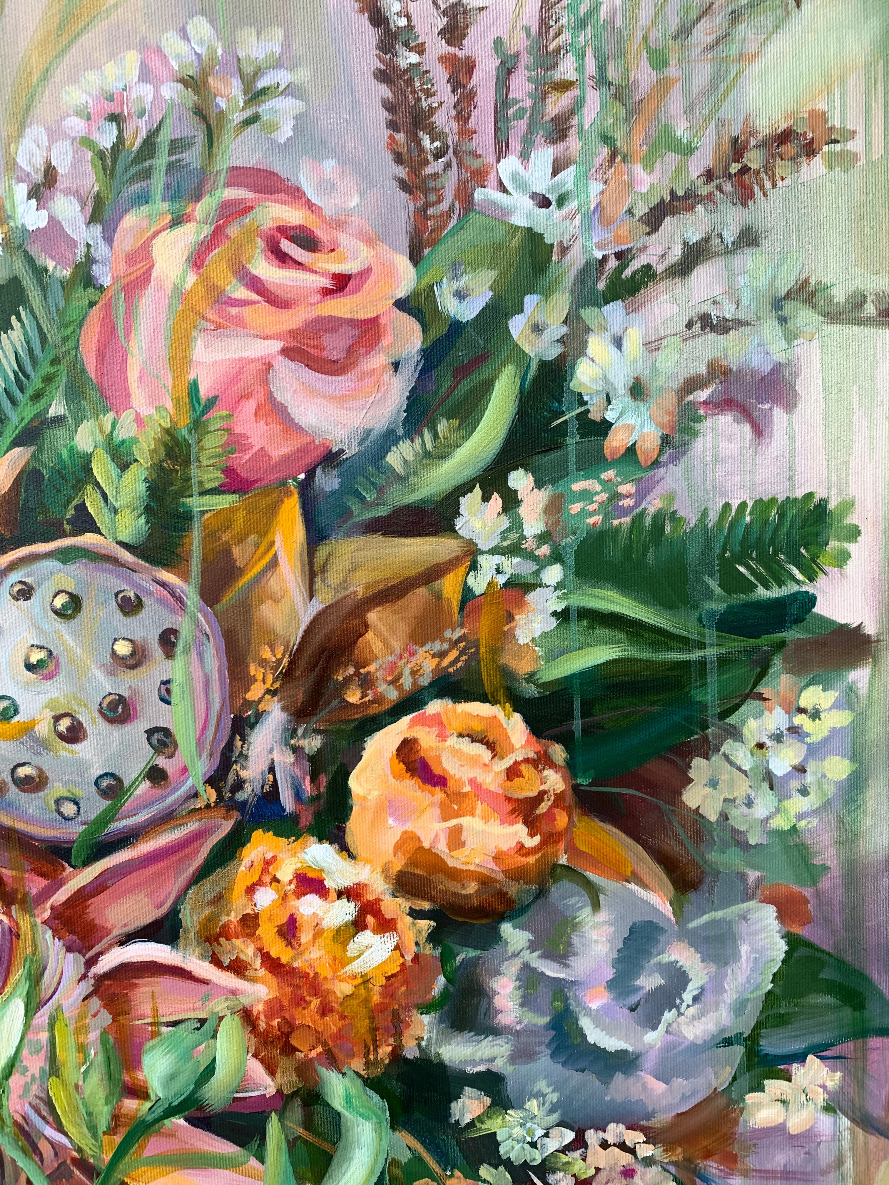 Helle Farben von Blumen in Bouquet für die Feier im Moment. Rosen, Protea-Blüten
 Wie oft bleiben wir in diesem Moment? Hier und jetzt.
- Original Ölgemälde
- 60x60 cm (23,6 x 23,6 Zoll)
- 1.5 Zoll dicke ummantelte lackierte Kanten - keine Rahmung