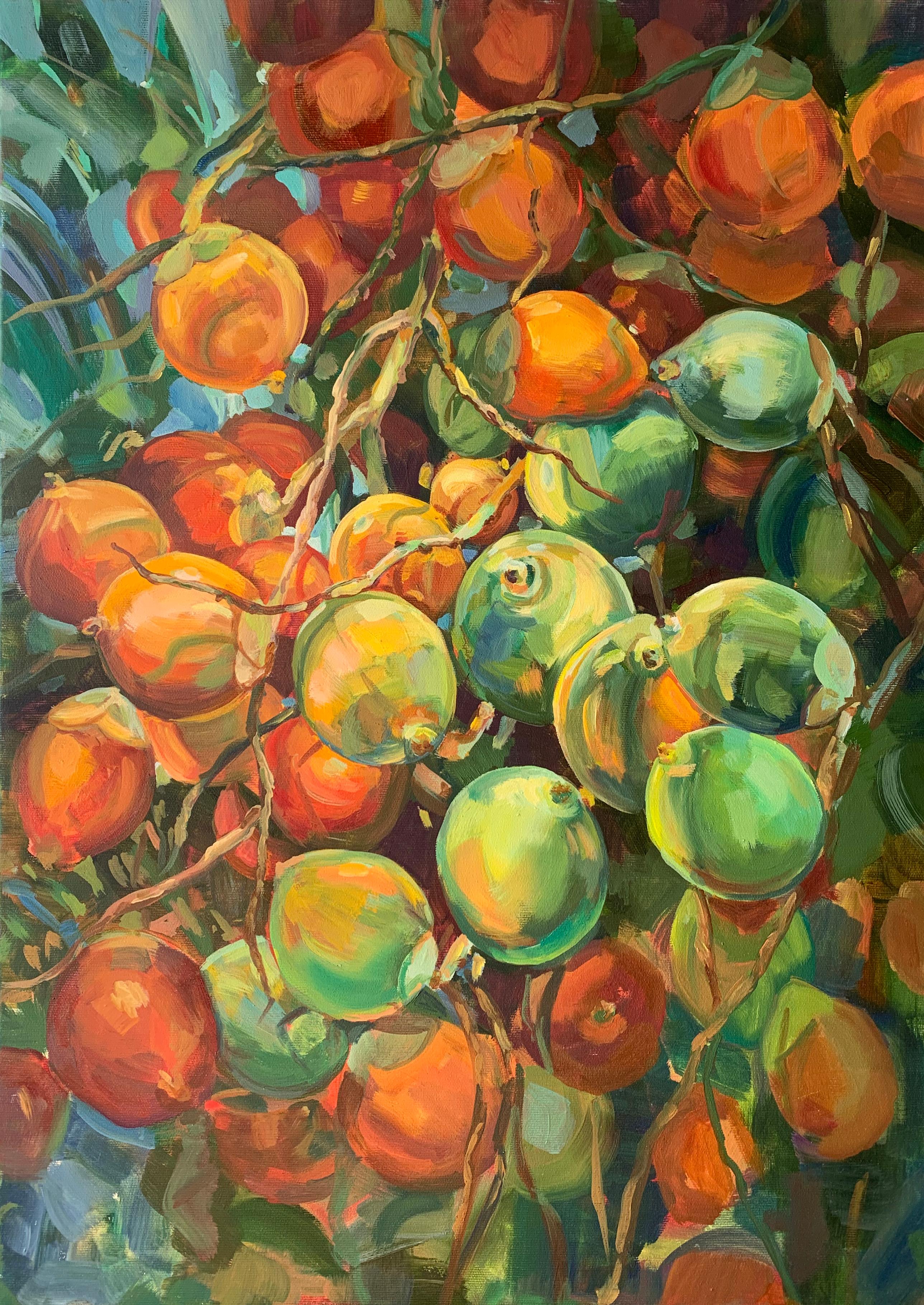 Momalyu Liubov Abstract Painting – Die Pracht der Kokosnuss . Bunte tropische Nature . Original Ölgemälde auf Leinwand