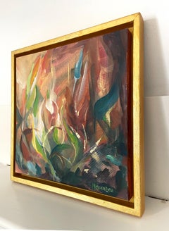 Energetic Essence. Abstract square painting in the wood gold frame