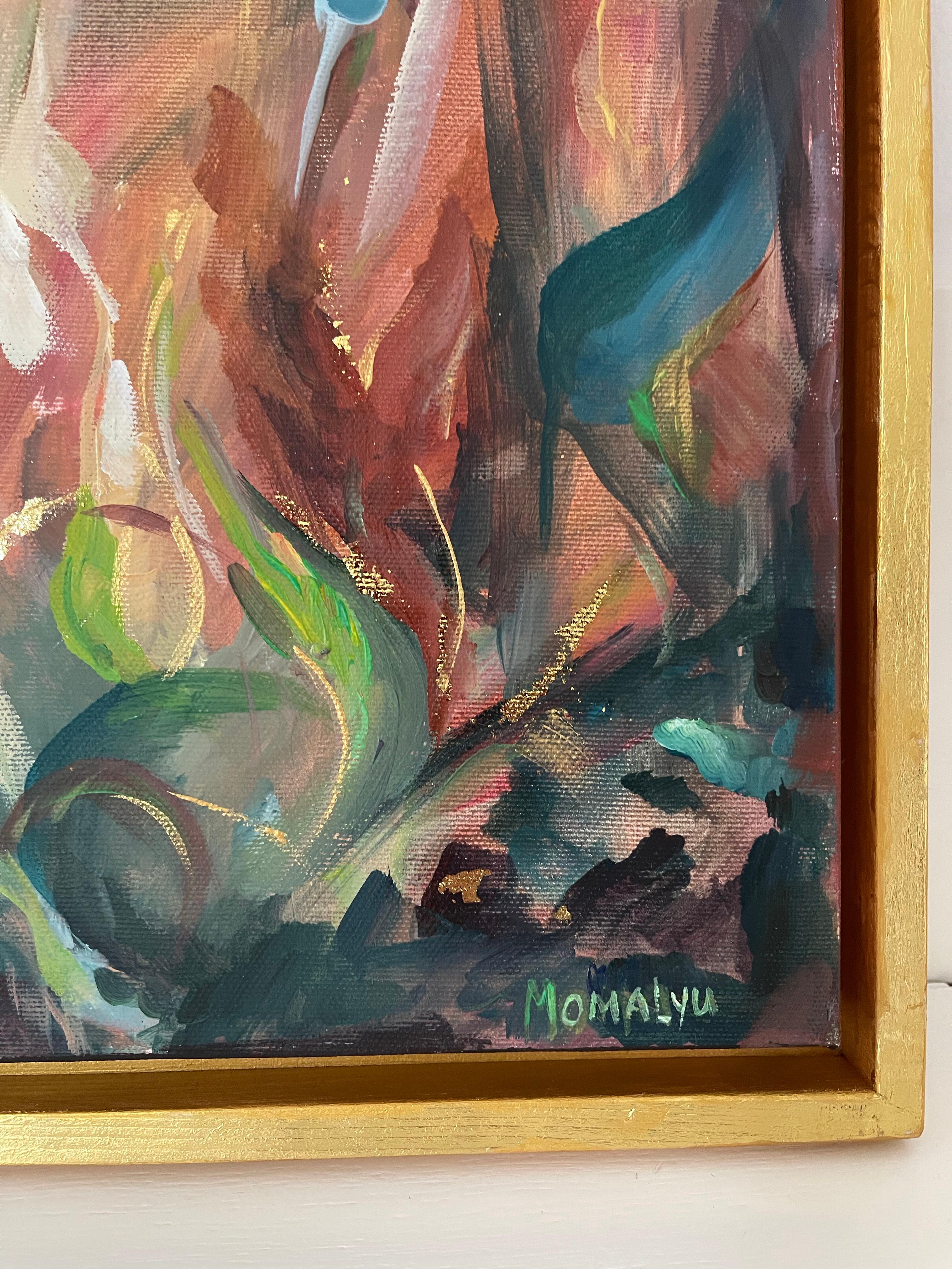 -Cette peinture a été créée parallèlement à ma série tropicale et ne représente pas une scène spécifique, mais plutôt des formes abstraites et des nuances de la nature. La contemplation de ces motifs naturels me surprend toujours et me remplit de