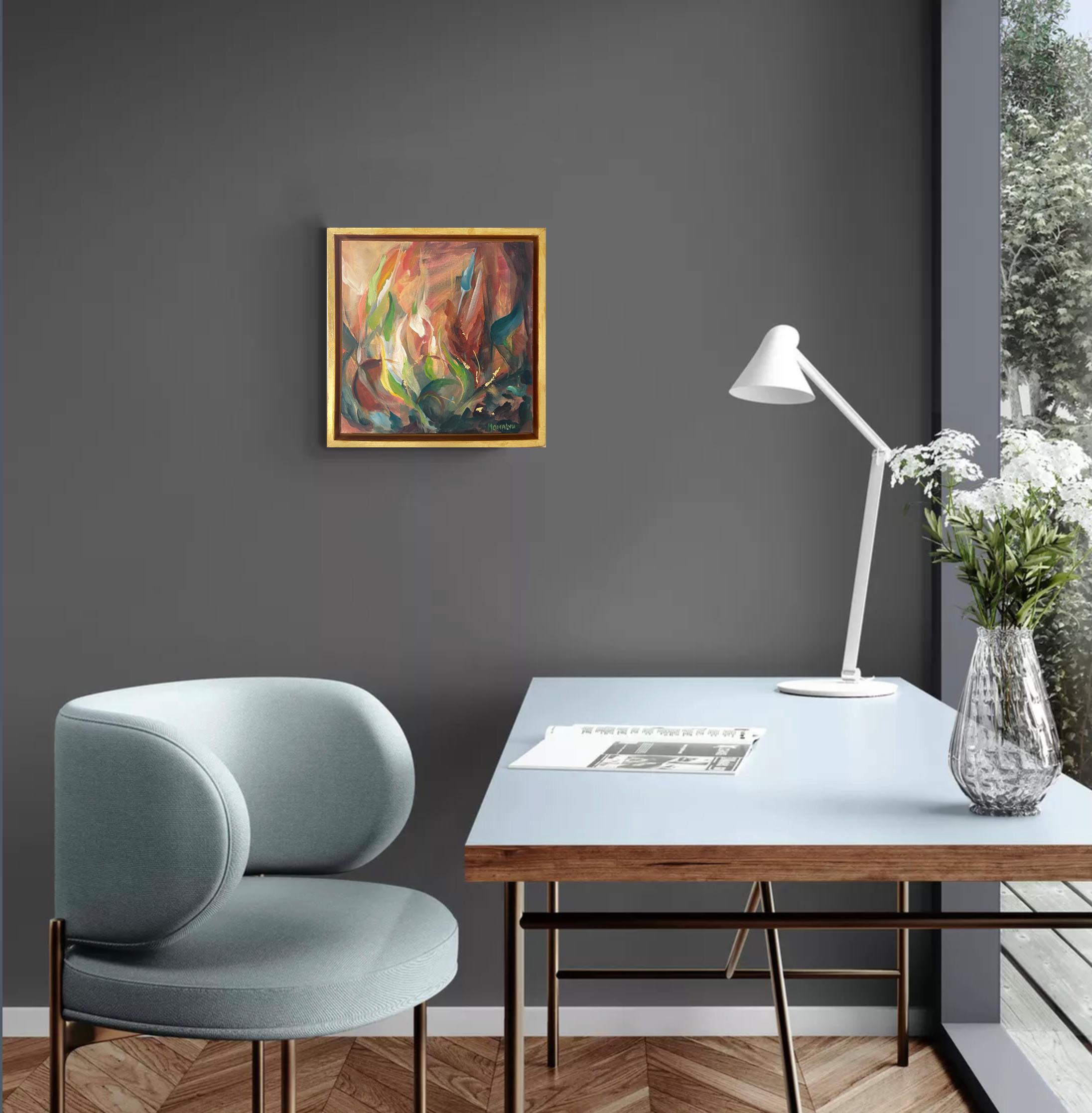 Essence énergétique. Tableau abstrait carré dans un cadre en bois doré en vente 1